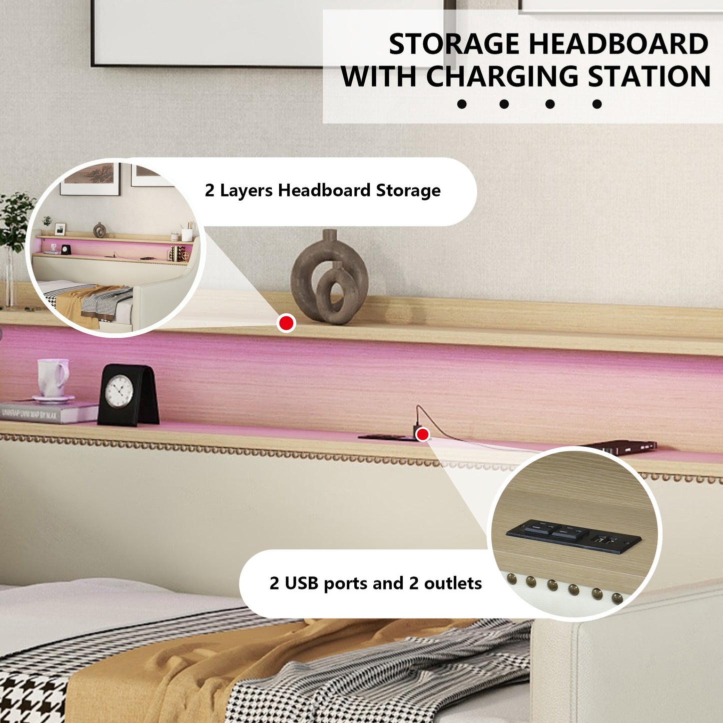 Modern storage headboard with integrated charging station and LED lights