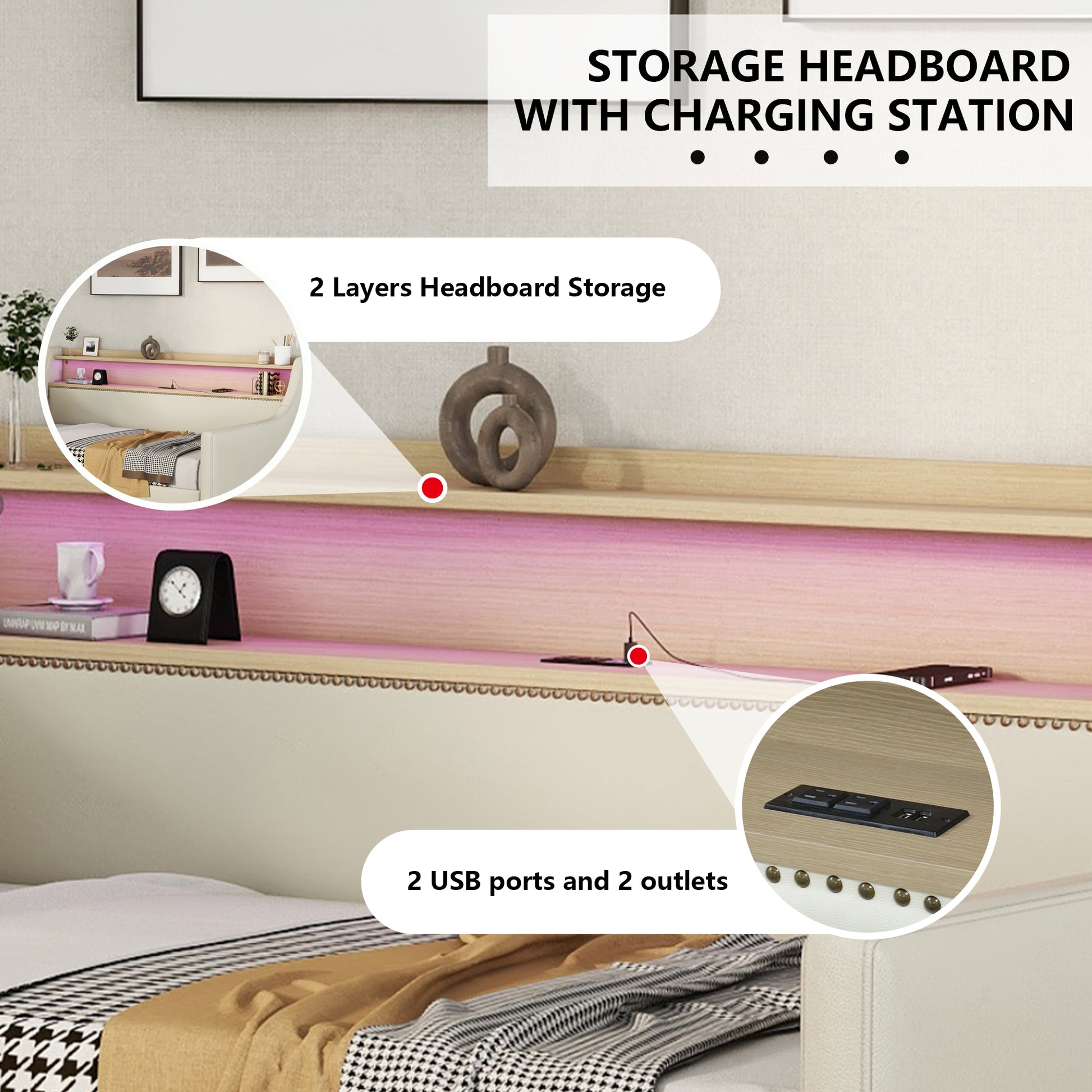 Modern storage headboard with integrated charging station and LED lights