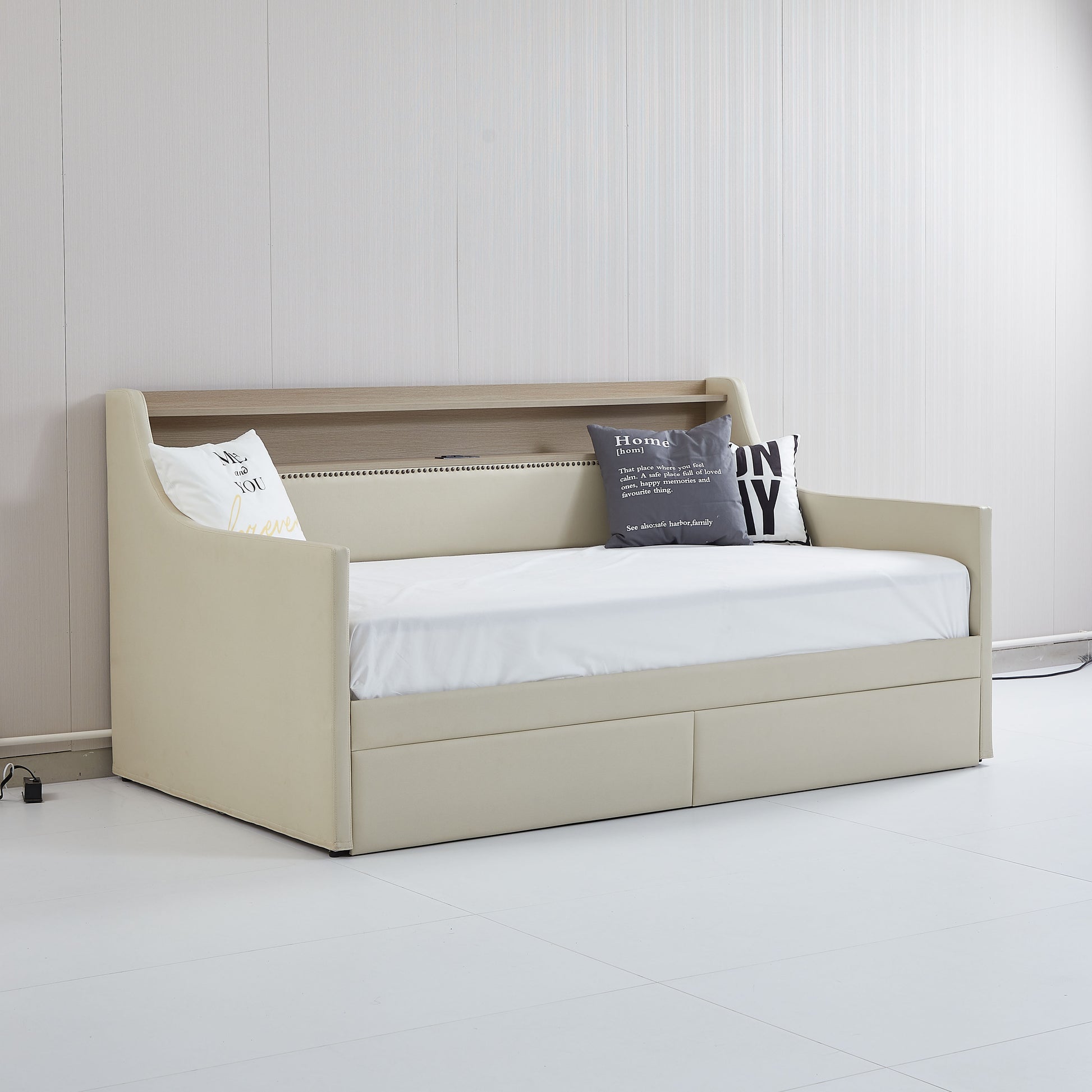 Cream leather daybed with wooden headboard shelf and two drawers