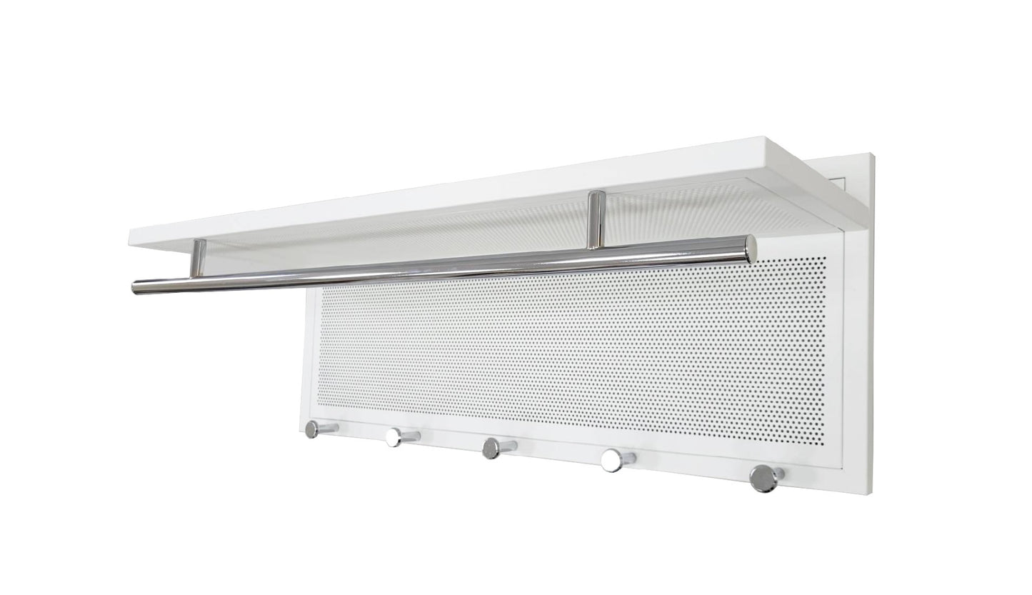 Modern white wallmounted coat rack with chrome bar and five hooks