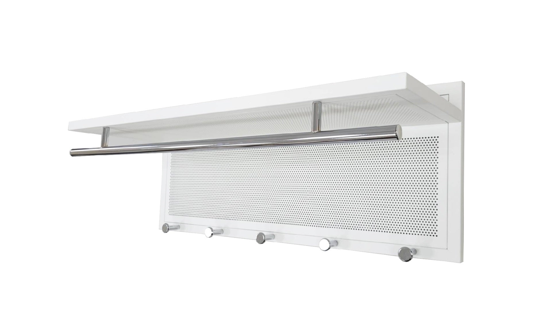 Modern white wallmounted coat rack with chrome bar and five hooks