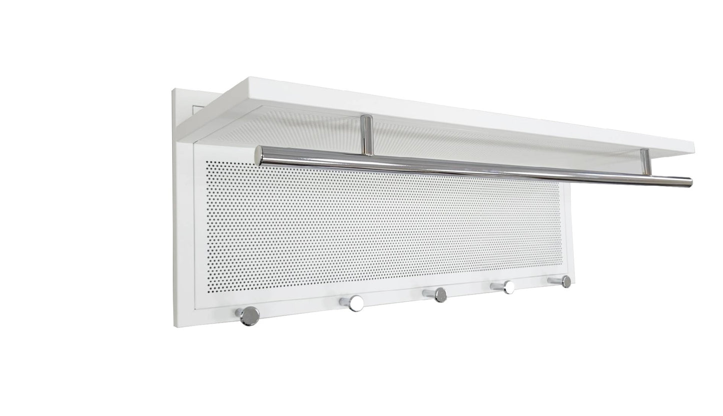 Modern white wallmounted entryway organizer with shelf and hooks