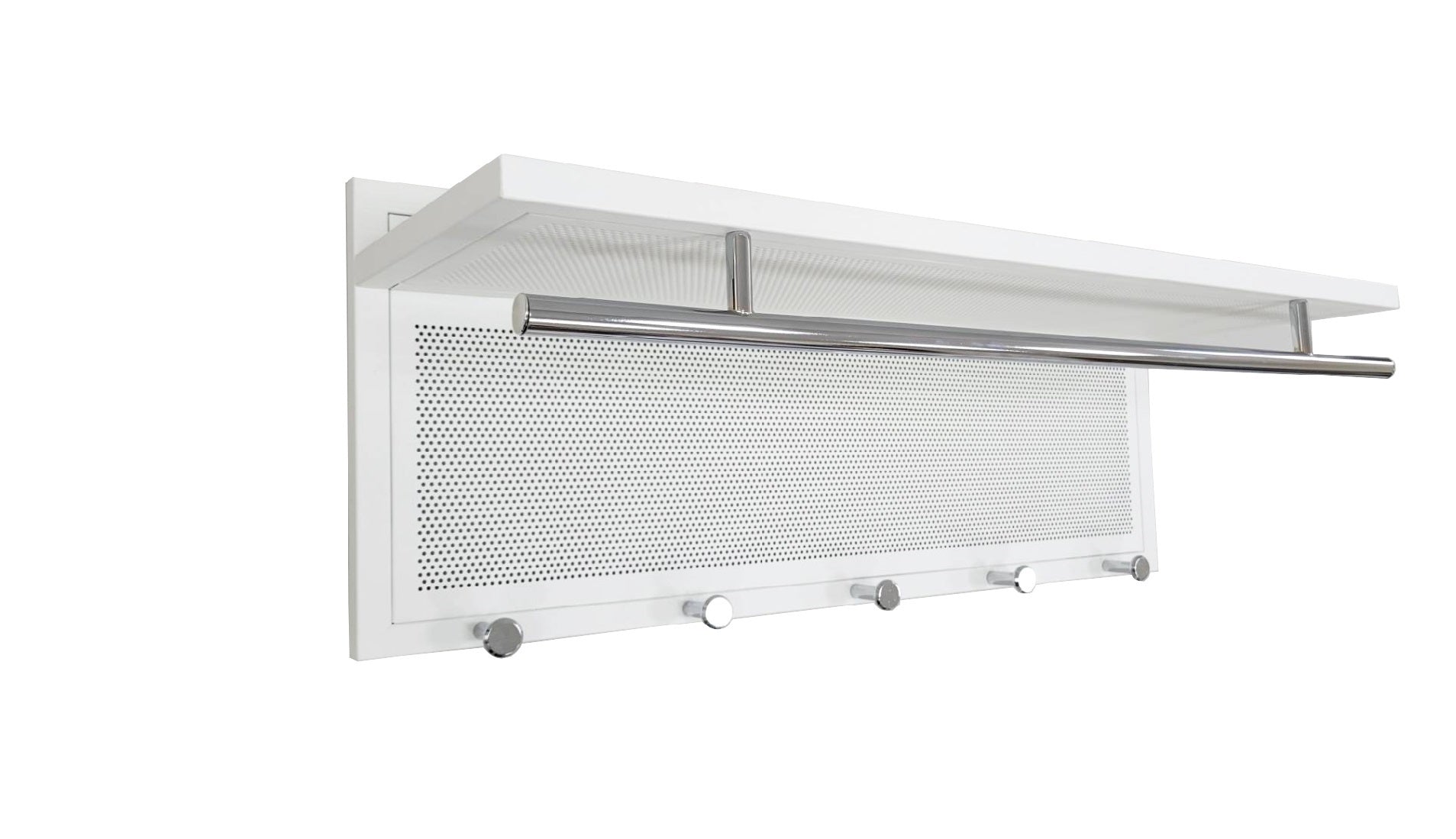Modern white wallmounted entryway organizer with shelf and hooks