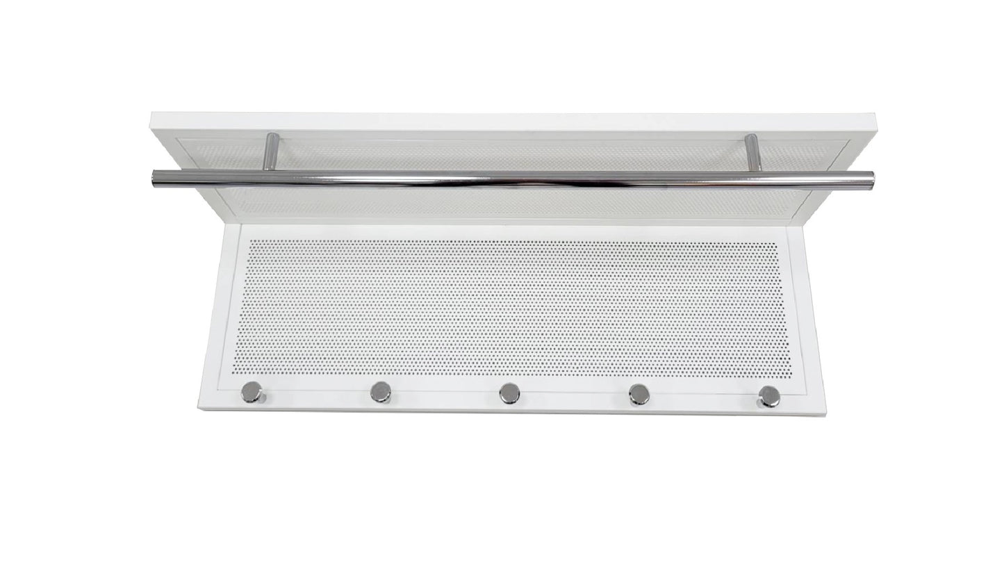 White wallmounted coat rack with chrome bar and five hooks