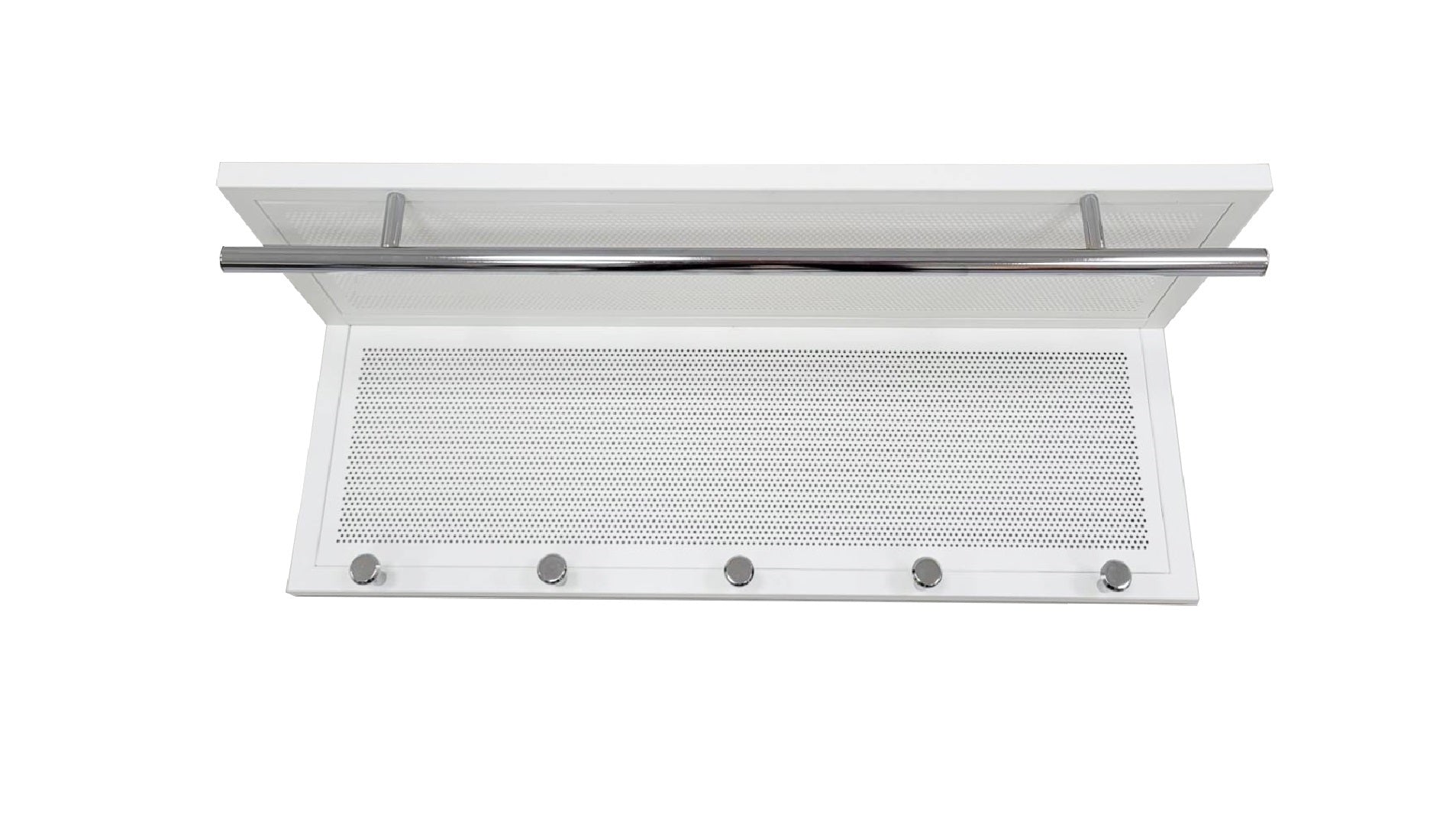 White wallmounted coat rack with chrome bar and five hooks