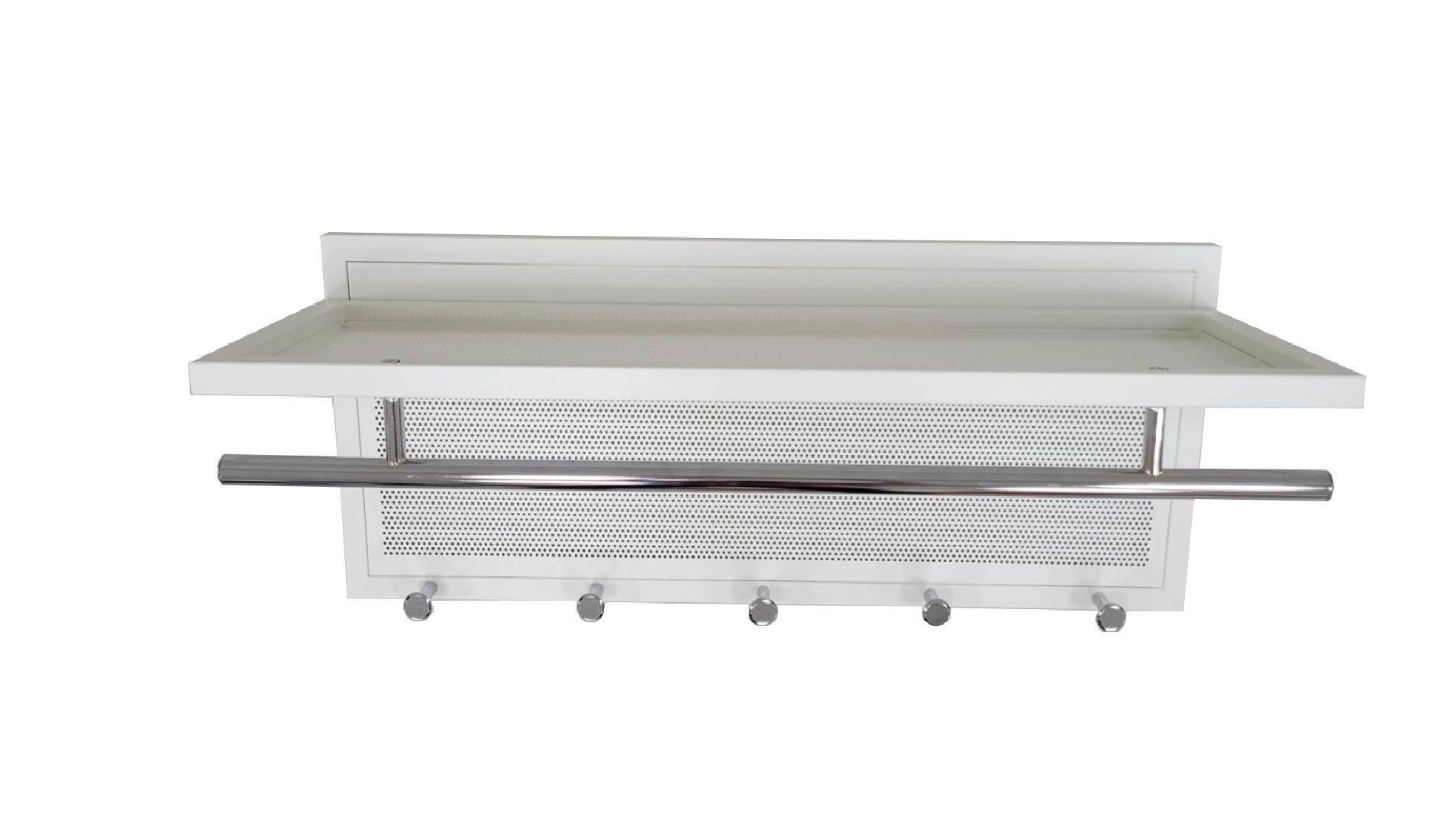 White modern coat rack with shelf and chrome bar
