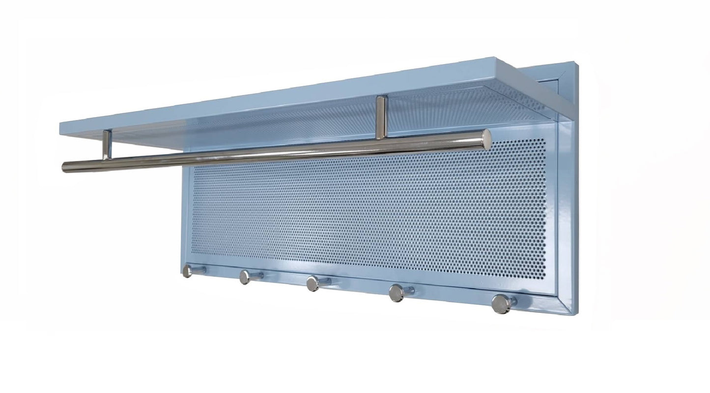 Light blue metal entryway organizer with shelf and coat hooks