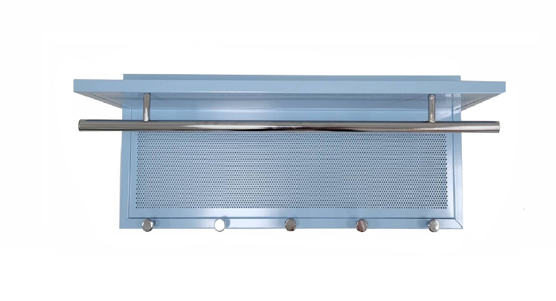 Light blue metal entryway shelf with four hooks and a hanging rod