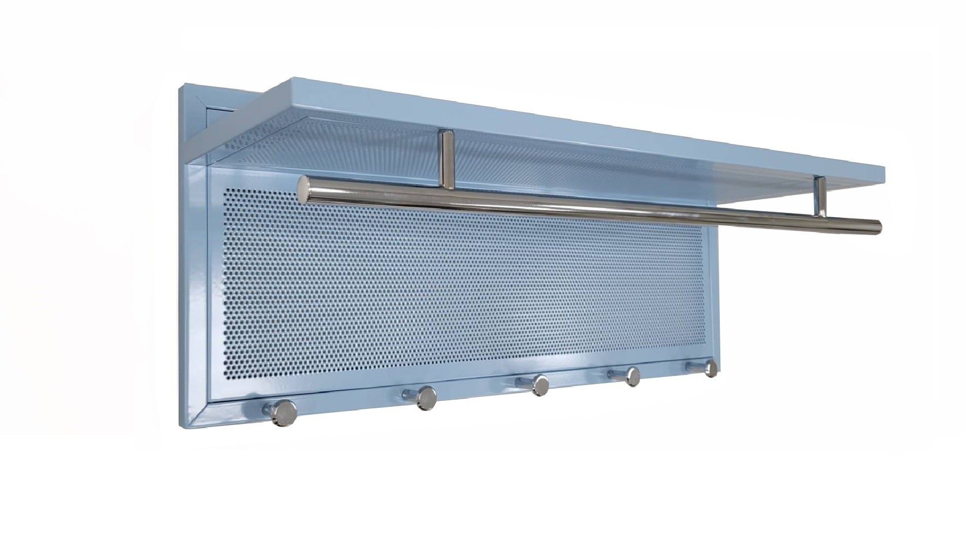 Light blue metal entryway organizer with shelf and coat hooks
