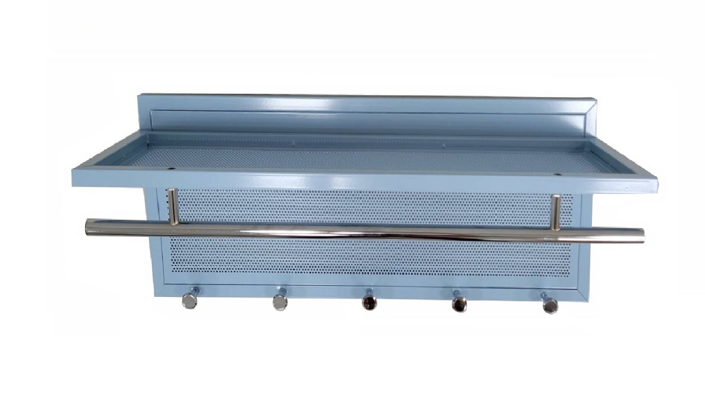 Powdercoated steel shelf with towel bar and five hooks