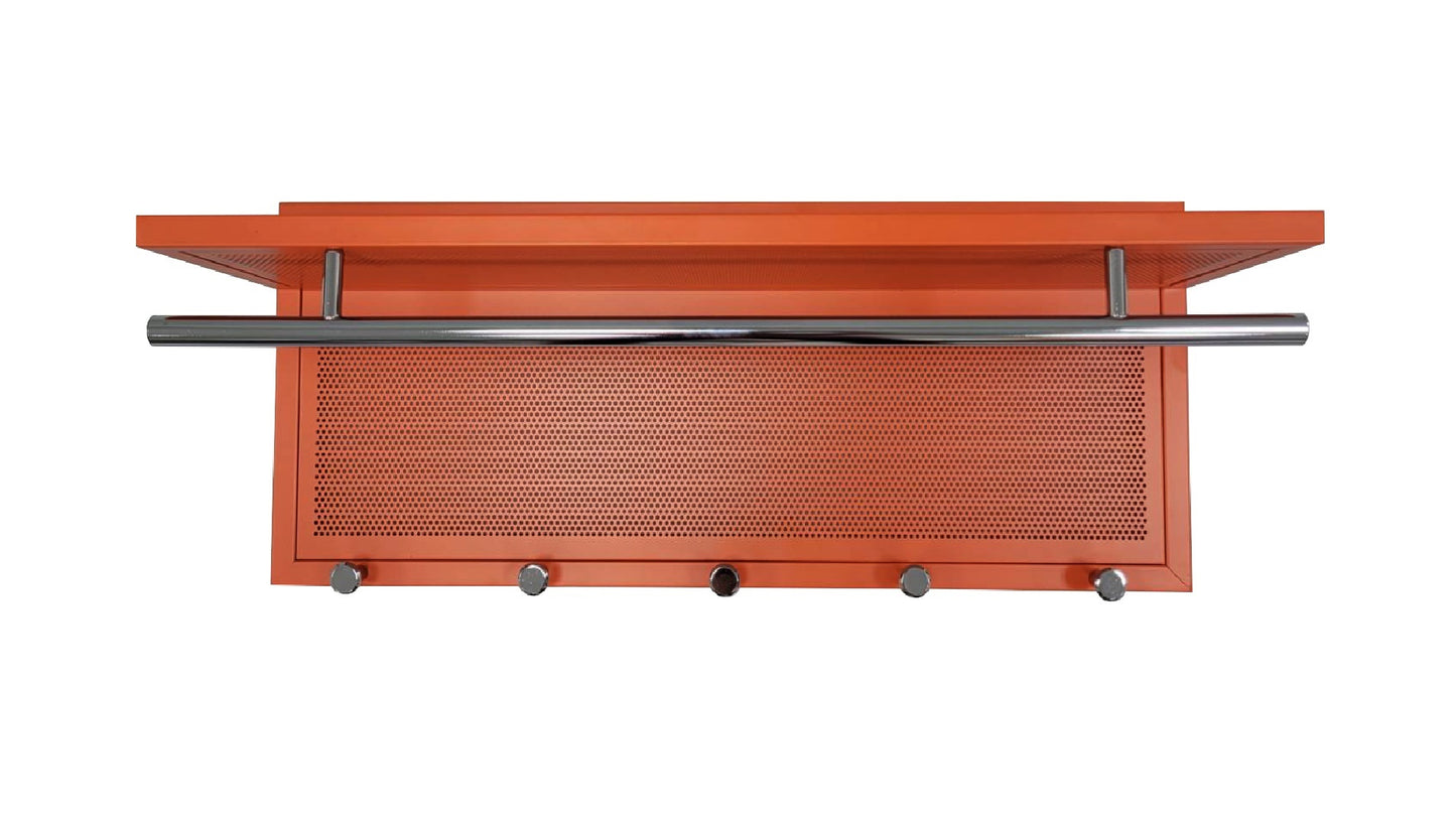 Orange metal entryway coat rack with shelf and  hooks