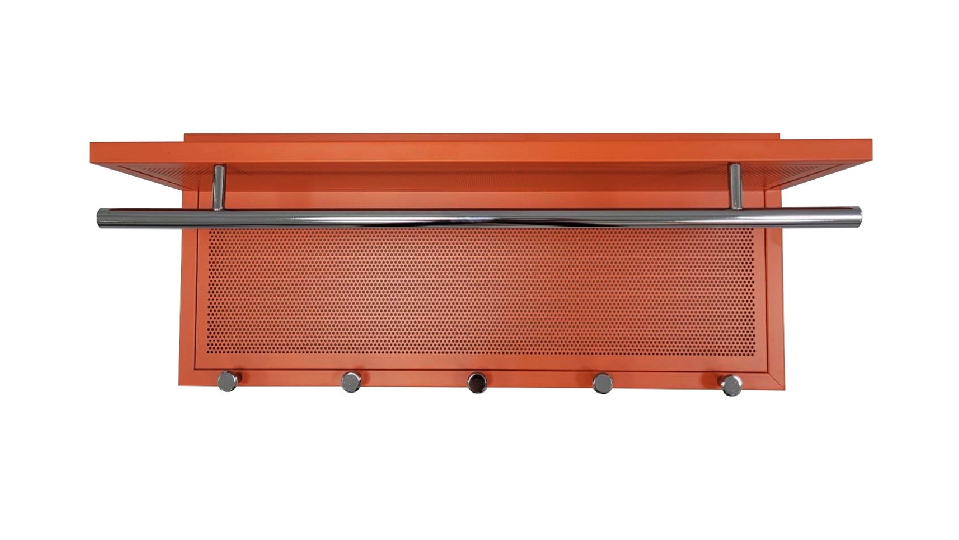 Orange metal entryway coat rack with shelf and  hooks
