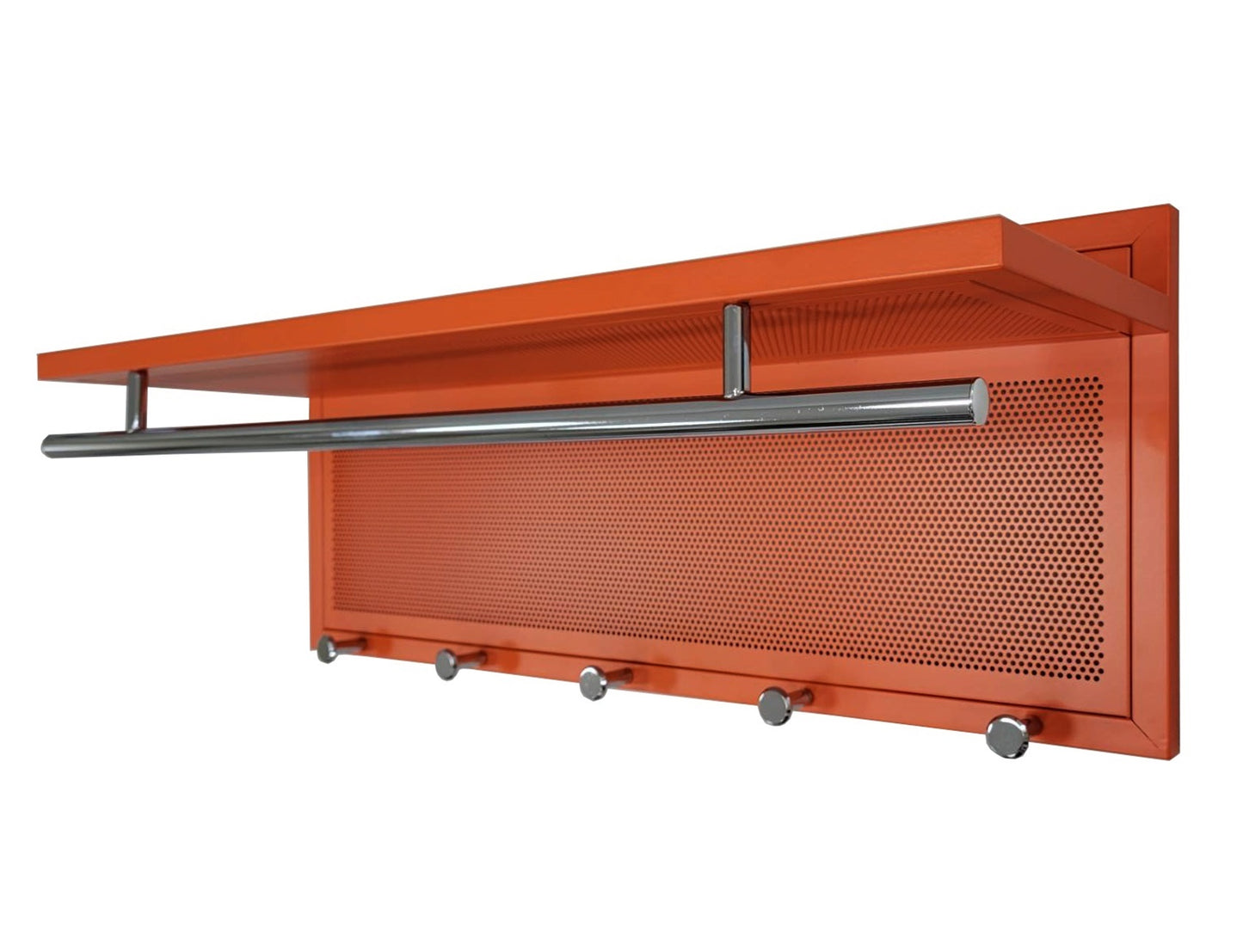 Orange modern wallmounted coat rack with shelf and five hooks