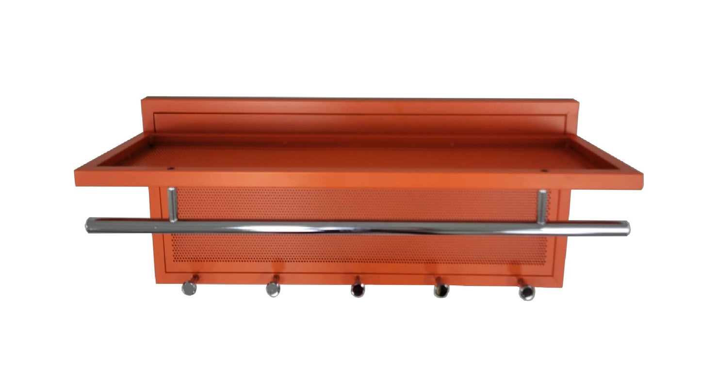 Orange modern wall shelf with chrome towel bar and hooks