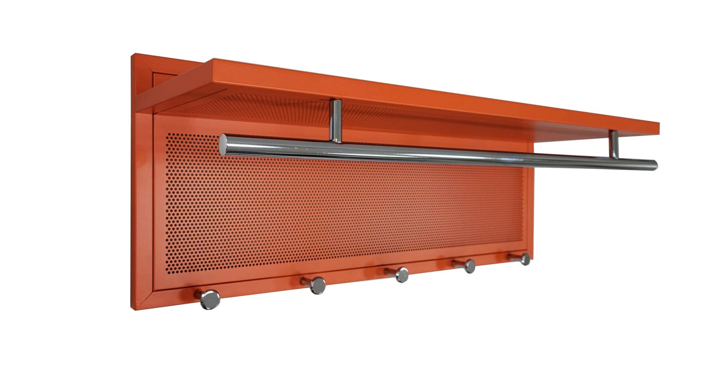 Orange metal entryway organizer with shelf and hooks