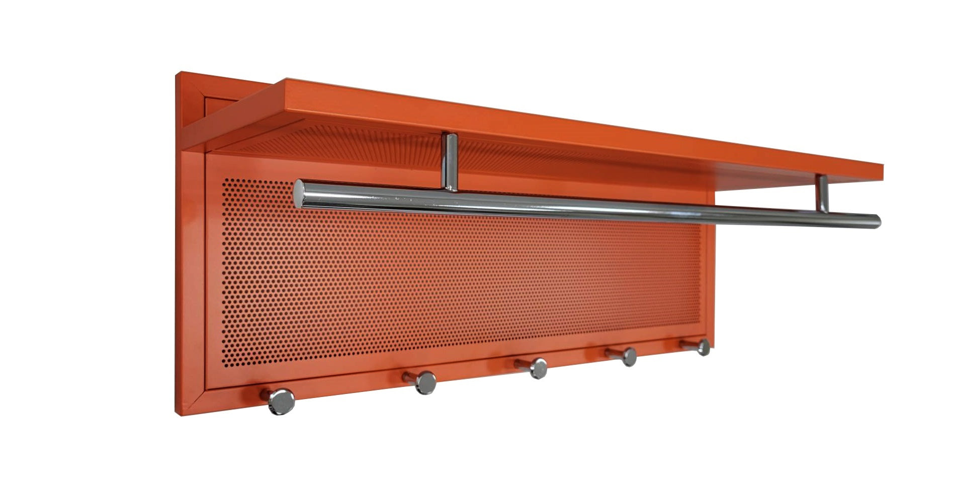Orange metal entryway organizer with shelf and hooks