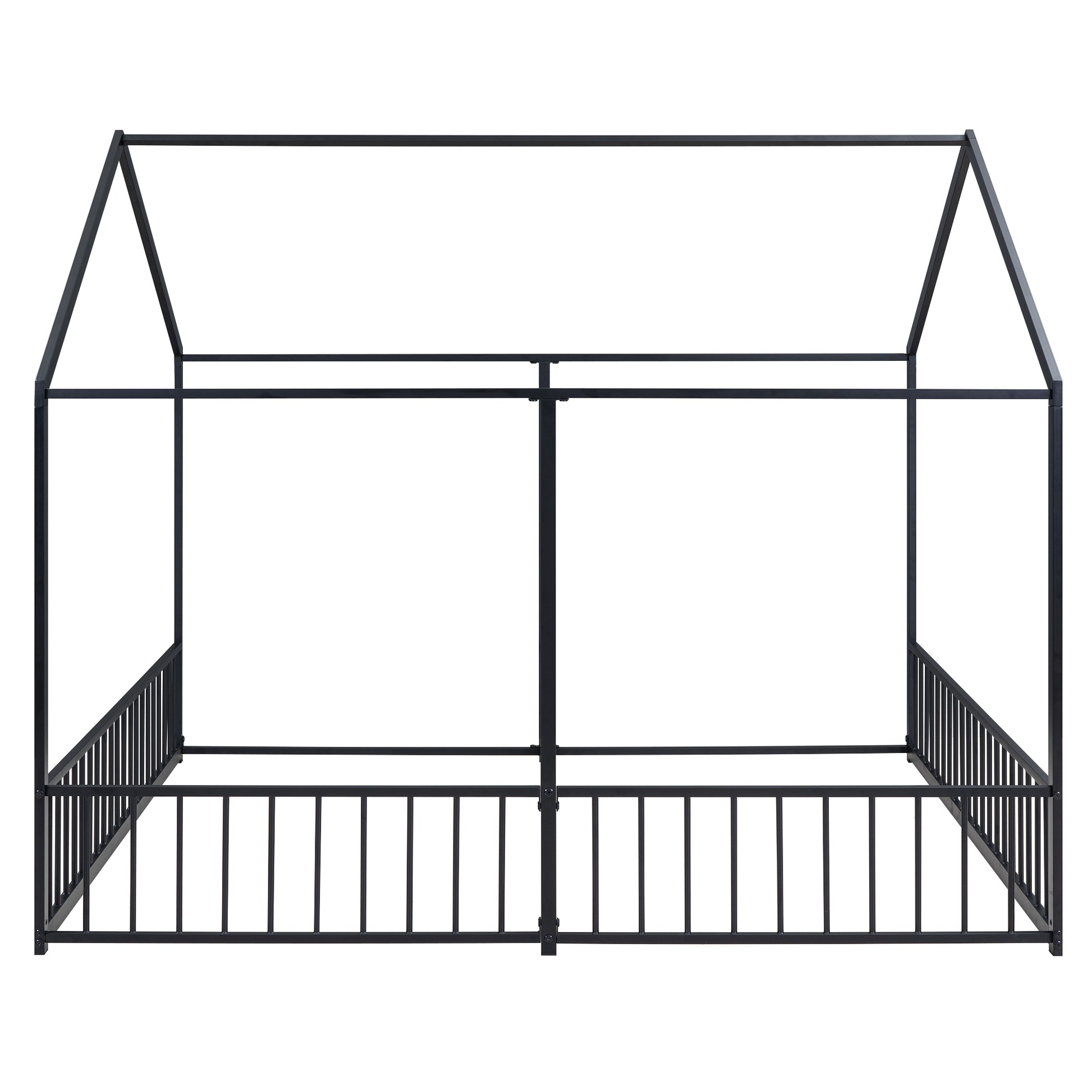 Black metal twin house bed frame with fence