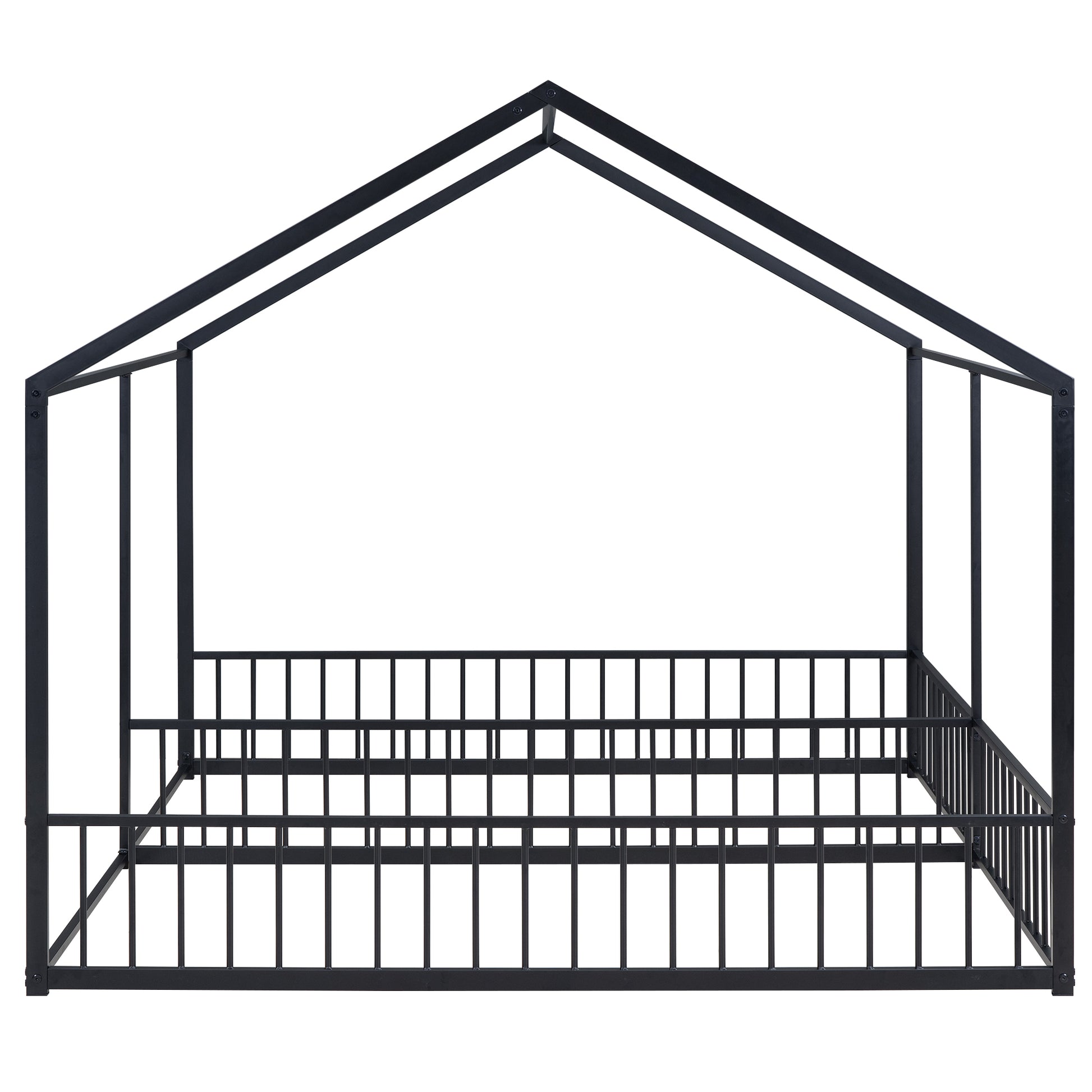 Black metal house bed frame with peaked roof and safety rails