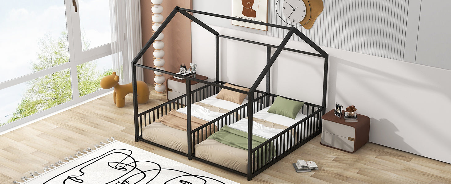 Black metal twin house bed frame with two mattresses and bedding