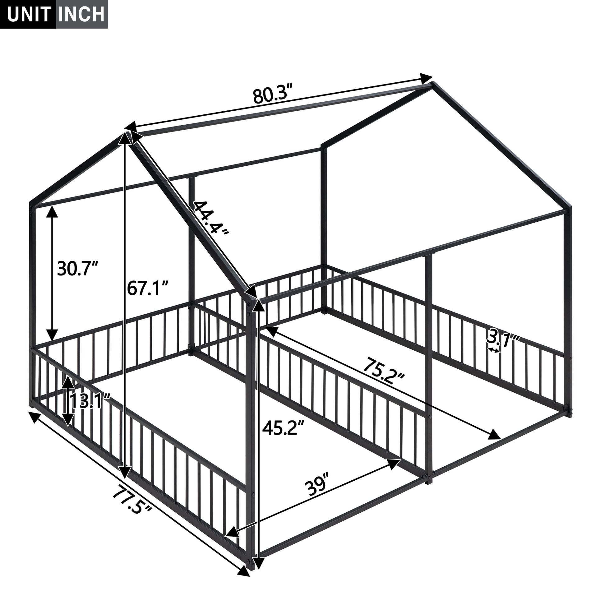Black metal house bed frame with dimensional lines for dimensions