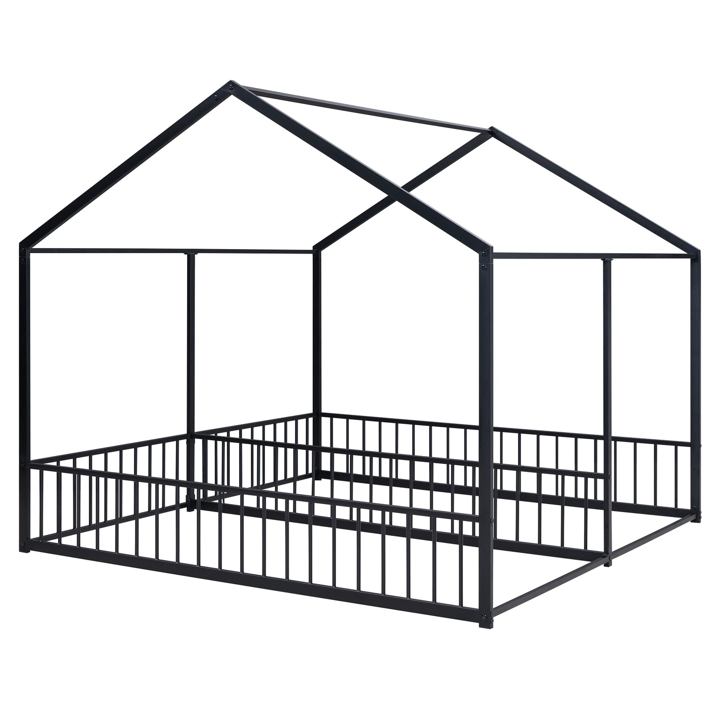Black metal house bed frame with safety rails