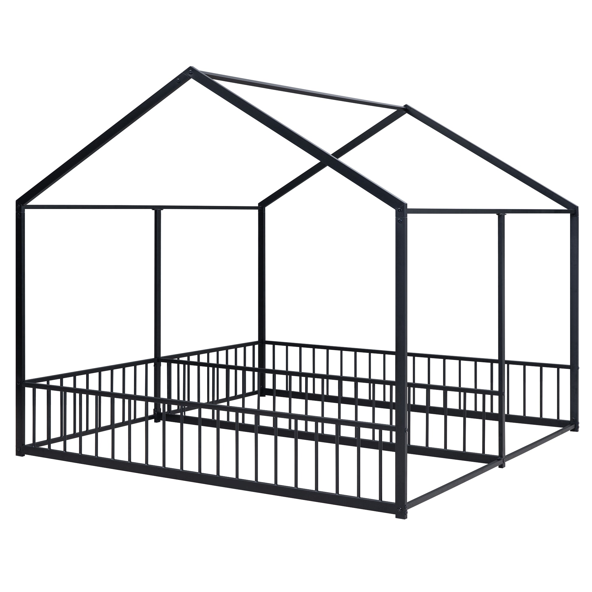 Black metal house bed frame with safety rails