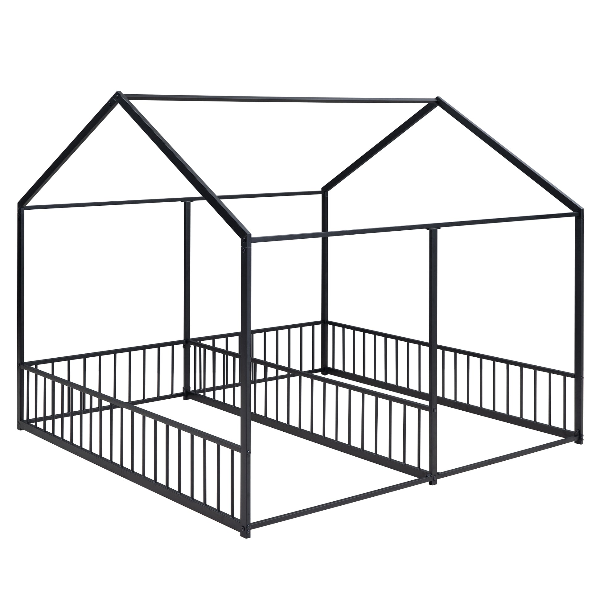 Black metal house bed frame with railing