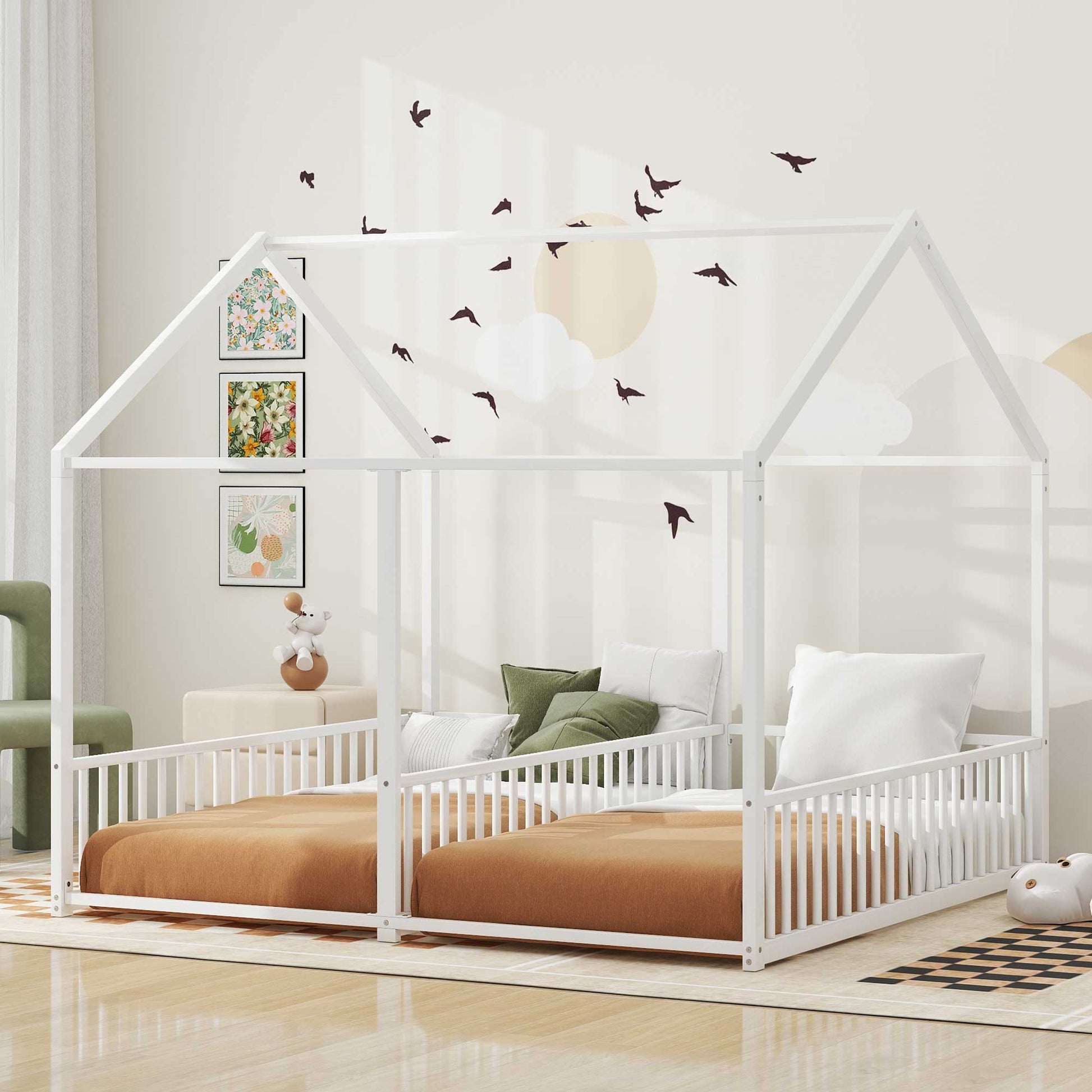 White twin house bed frame with guardrails and wood flooring