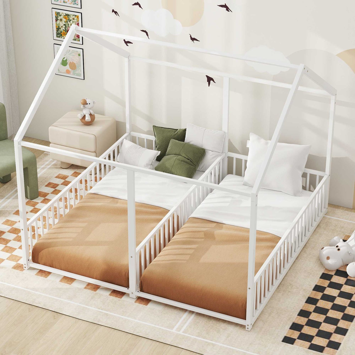 White twin house bed frame for kids with rails