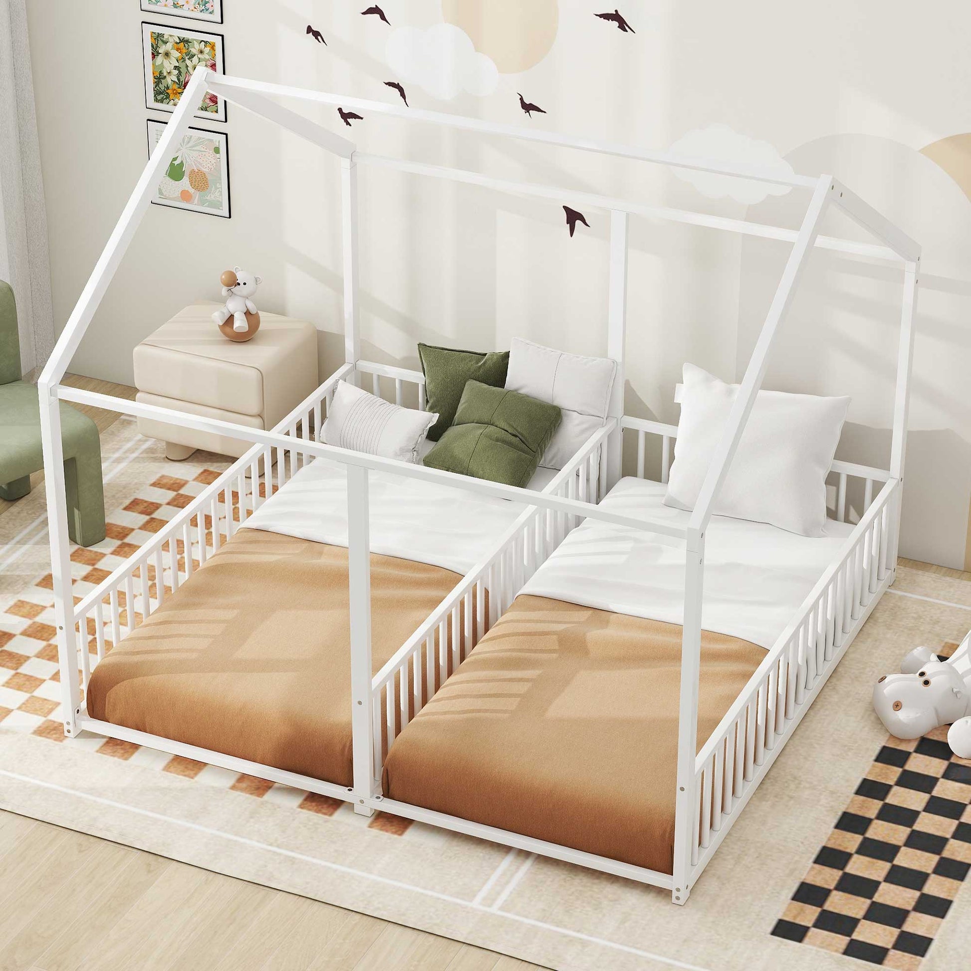 White twin house bed frame for kids with rails