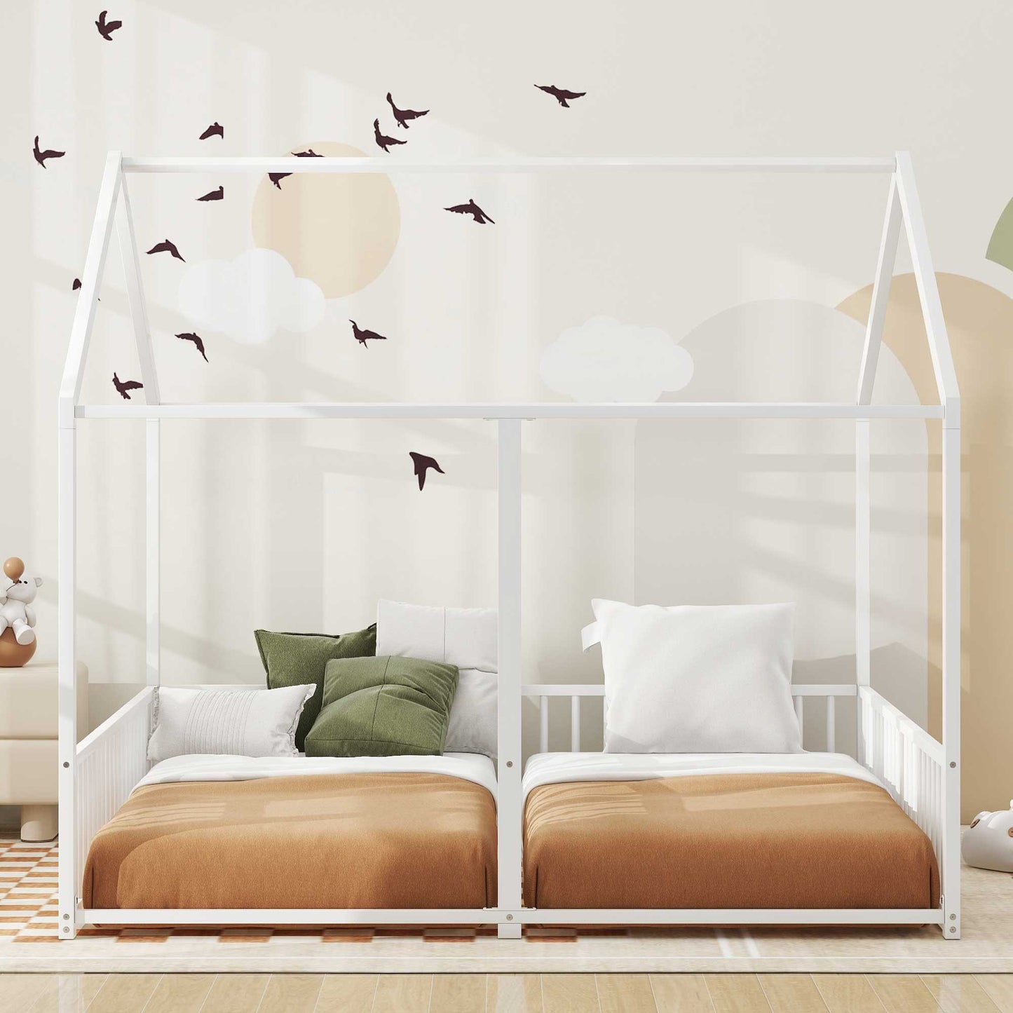 White metal twin house bed frame with dual sleeping areas