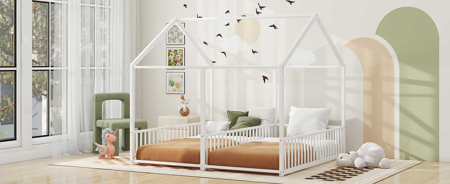 White wooden house frame twin bed with safety rails