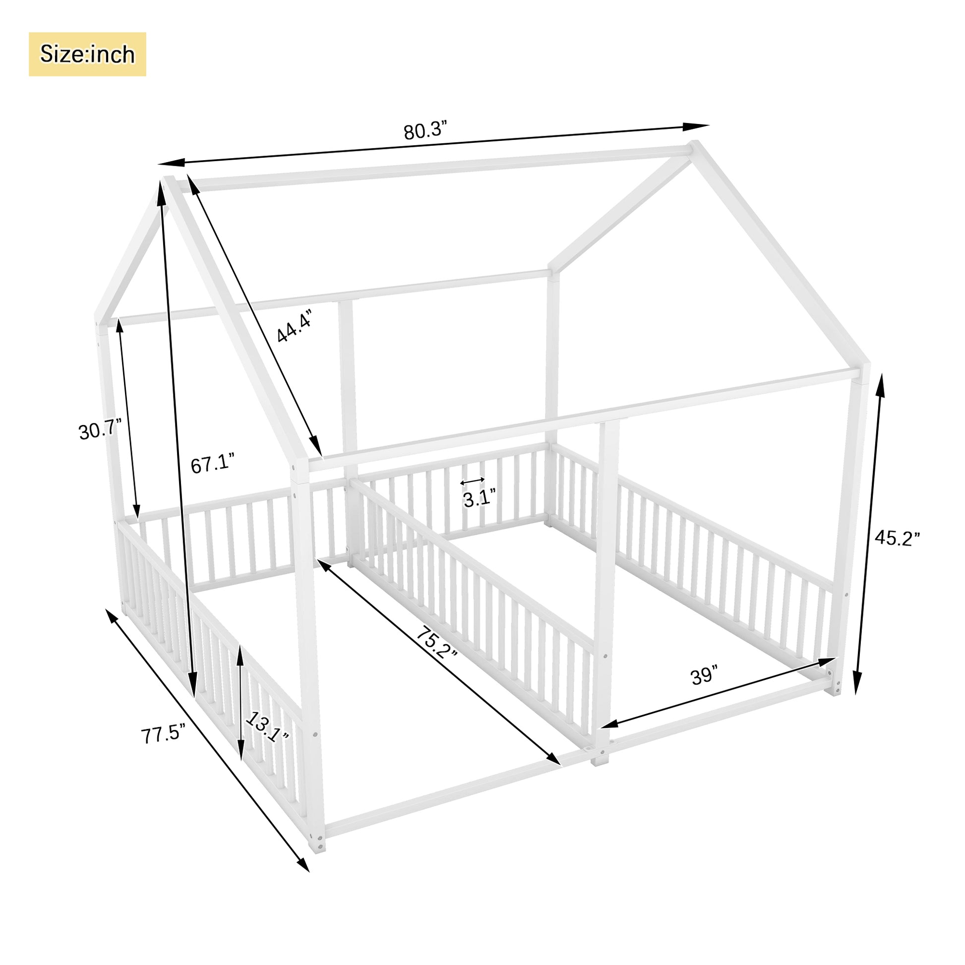 White wooden house bed frame with side rails and dimensions displayed