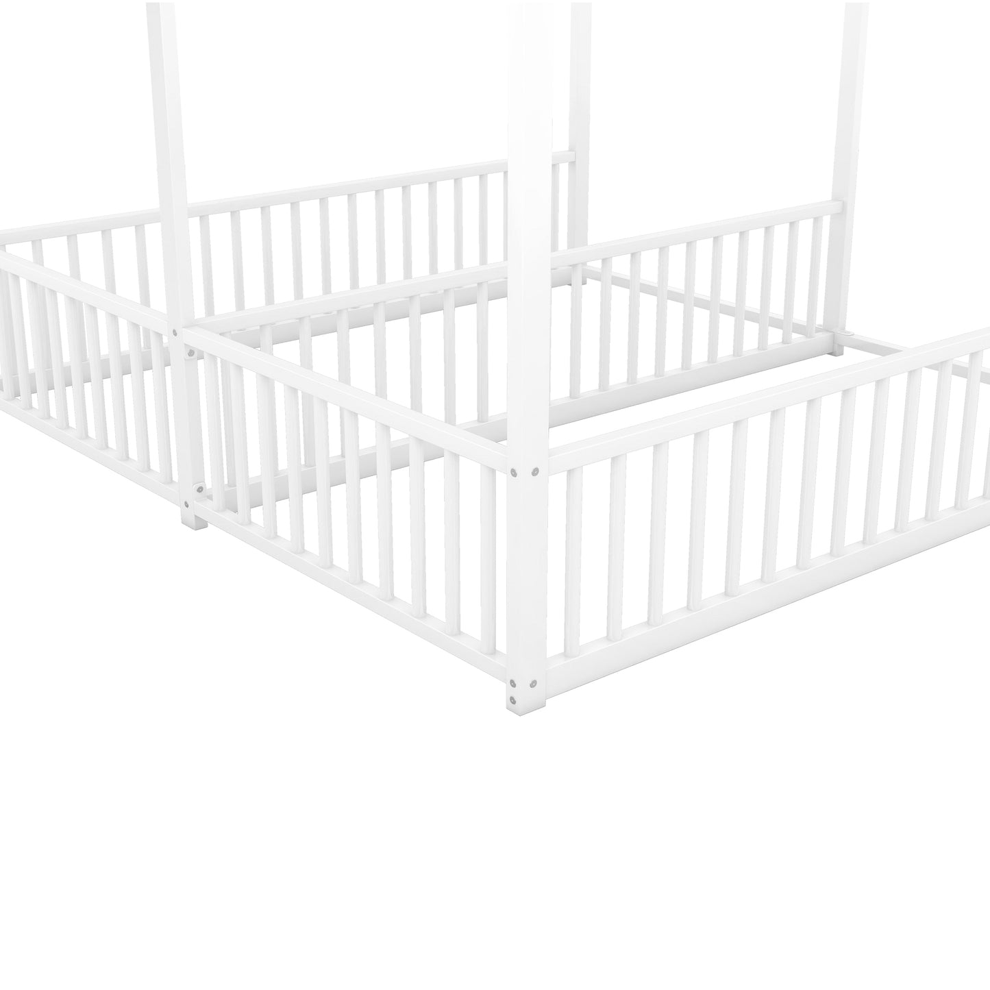 White wooden canopy bed frame with safety rails