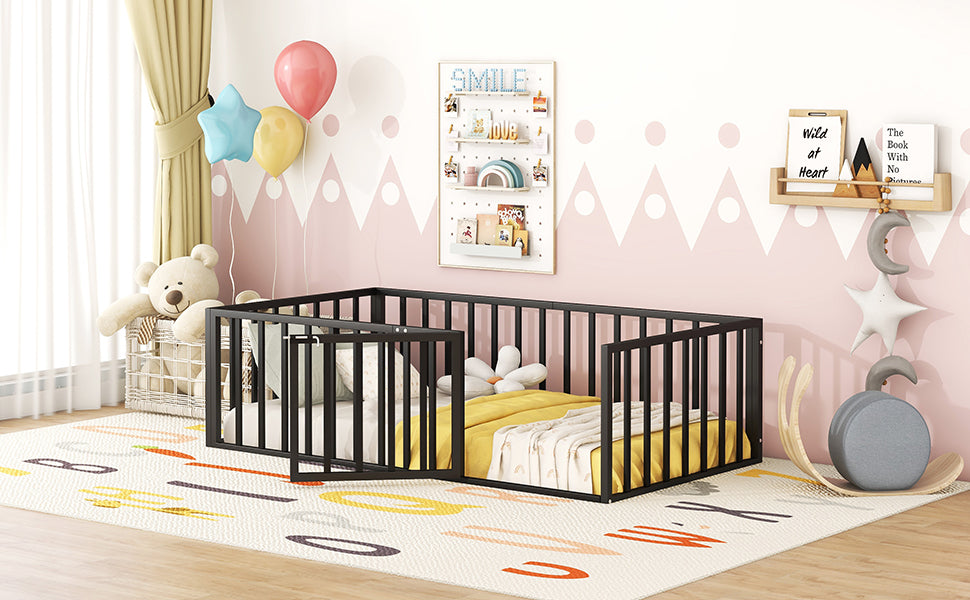 Black metal toddler bed frame with safety rails perfect for transitioning from crib