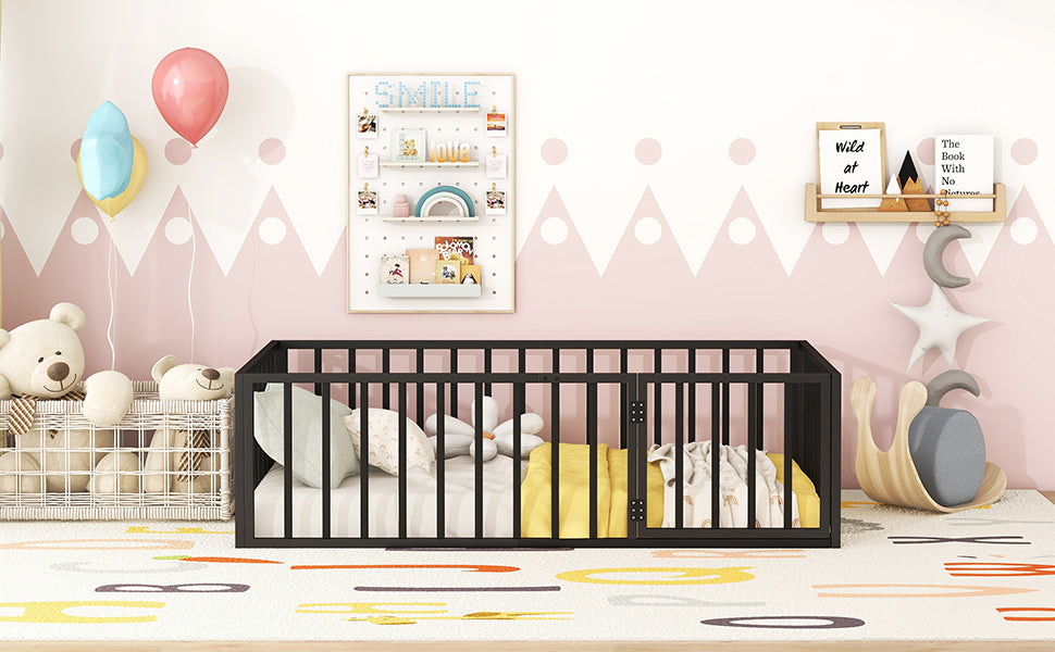 Black metal crib with soft bedding for baby nursery