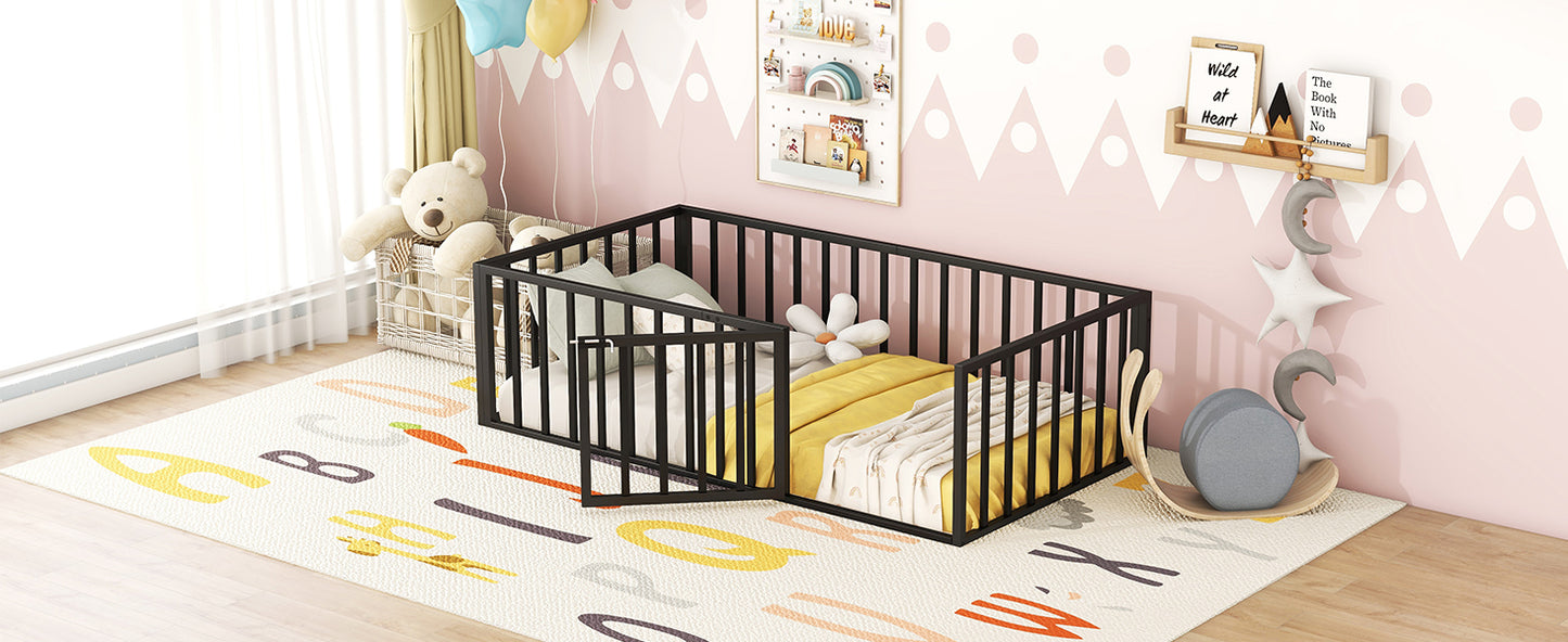 Black metal baby playpen with yellow bedding and floral toy