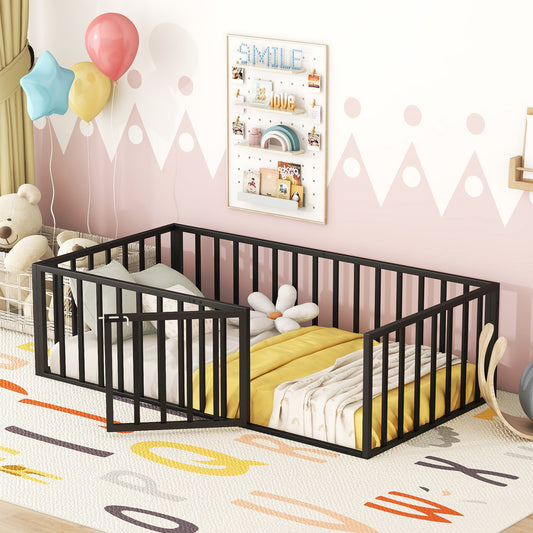 Black metal toddler bed with safety rails and yellow bedding