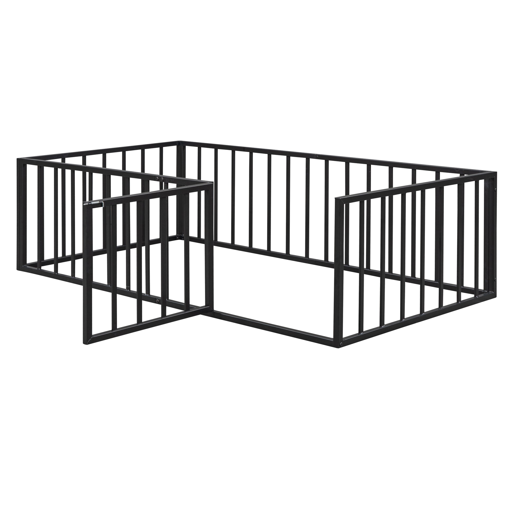 Black metal rectangular pet playpen with a hinged gate