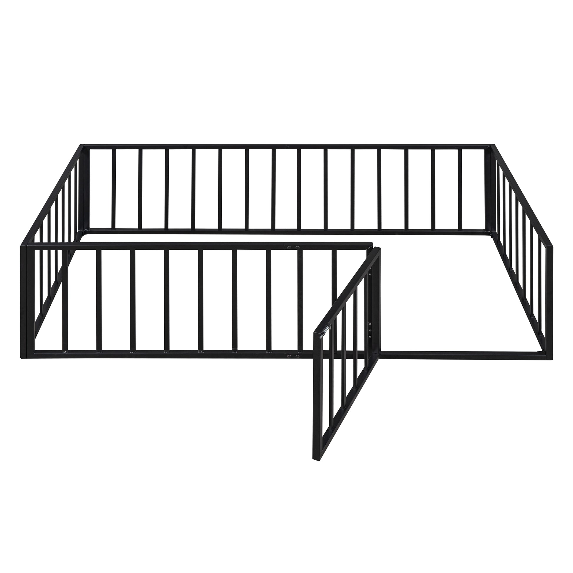 Black metal playpen with hinged gate for baby safety