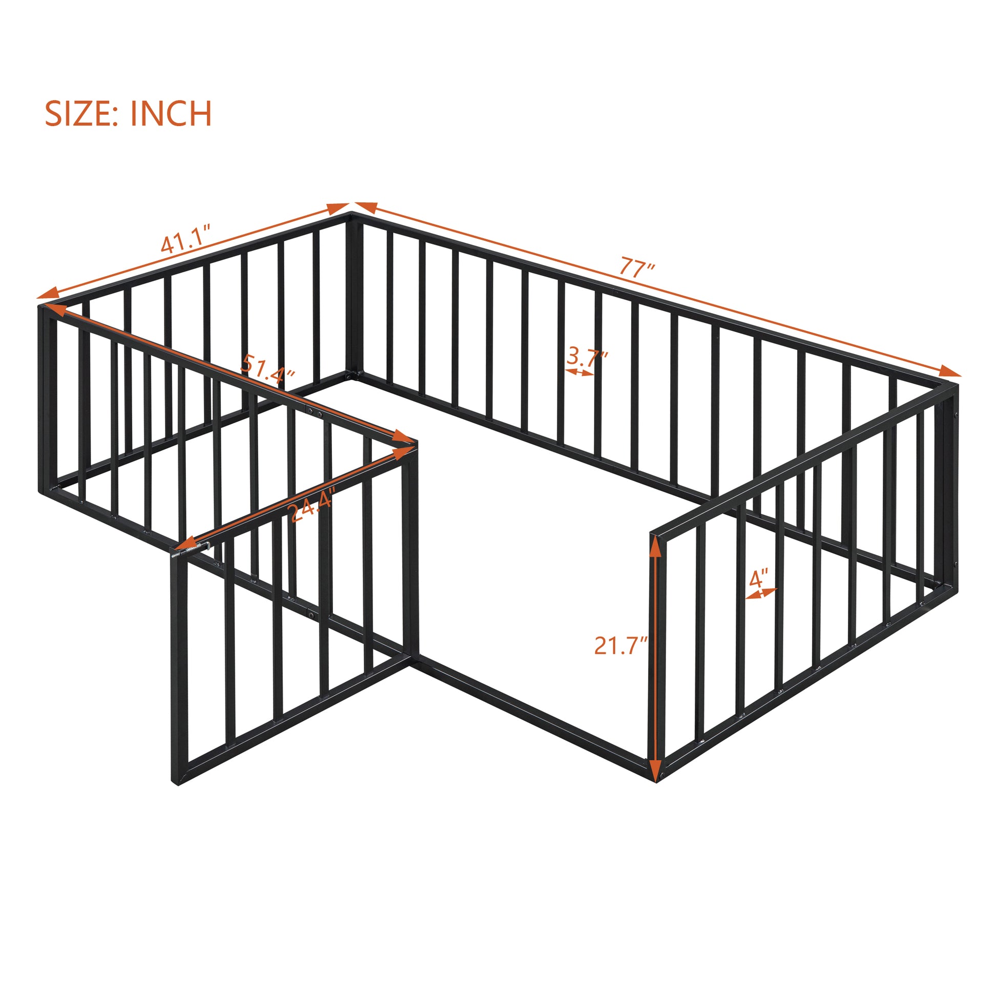 Black metal pet playpen with adjustable panels and dimensions labeled