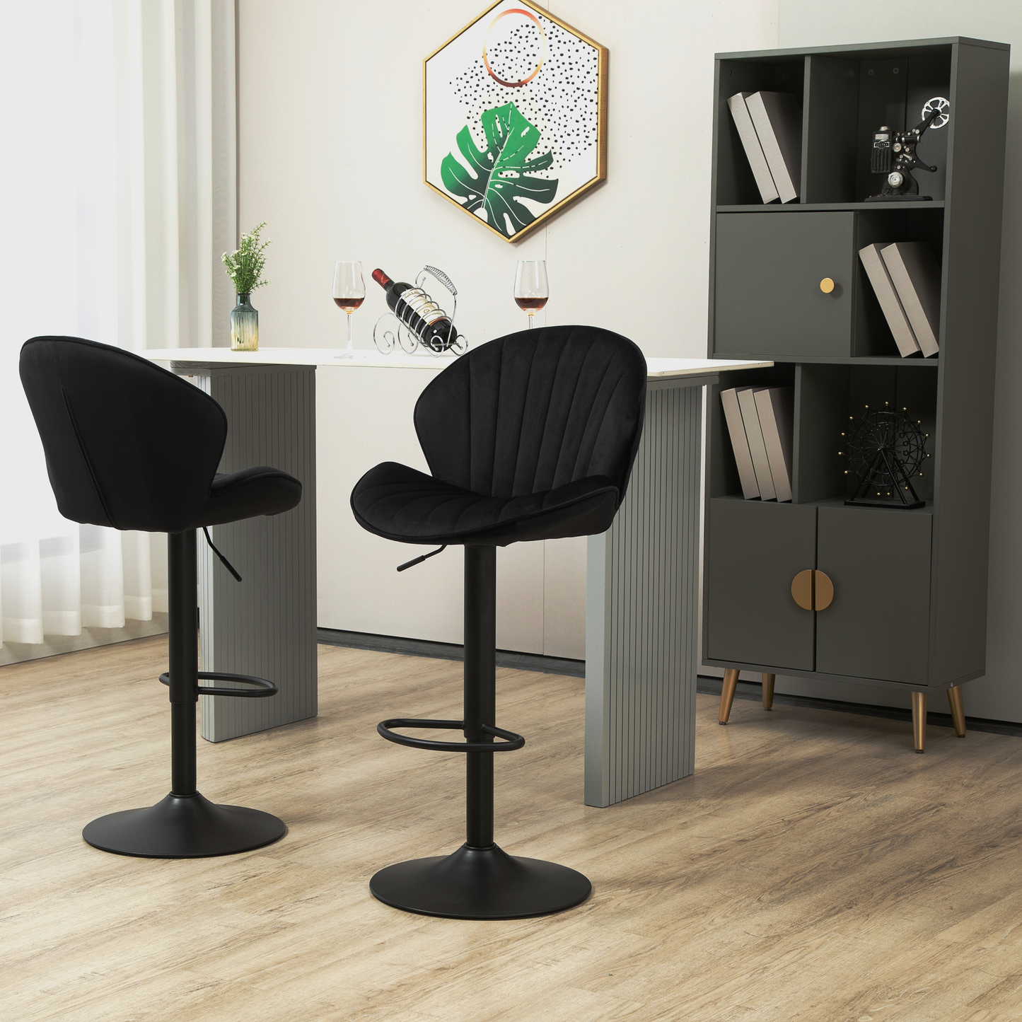 Black velvet bar stool with adjustable height