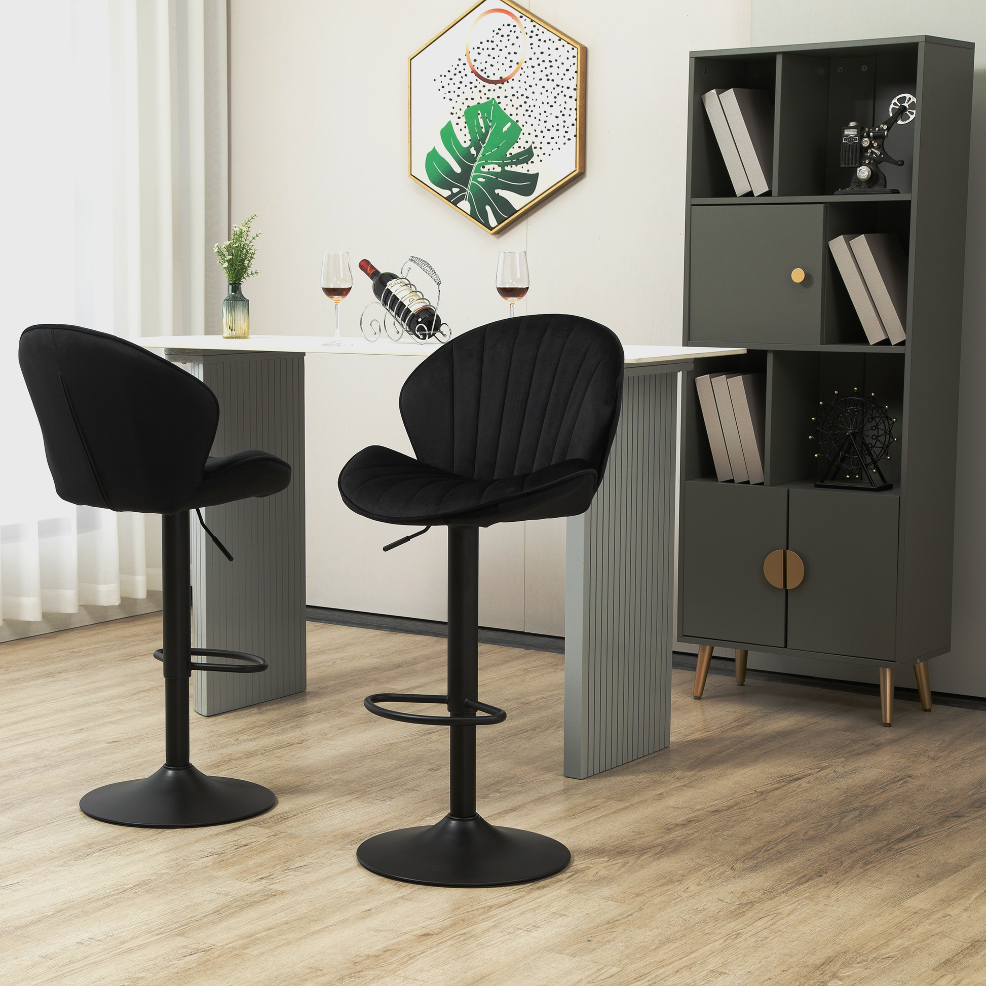 Black velvet bar stool with adjustable height