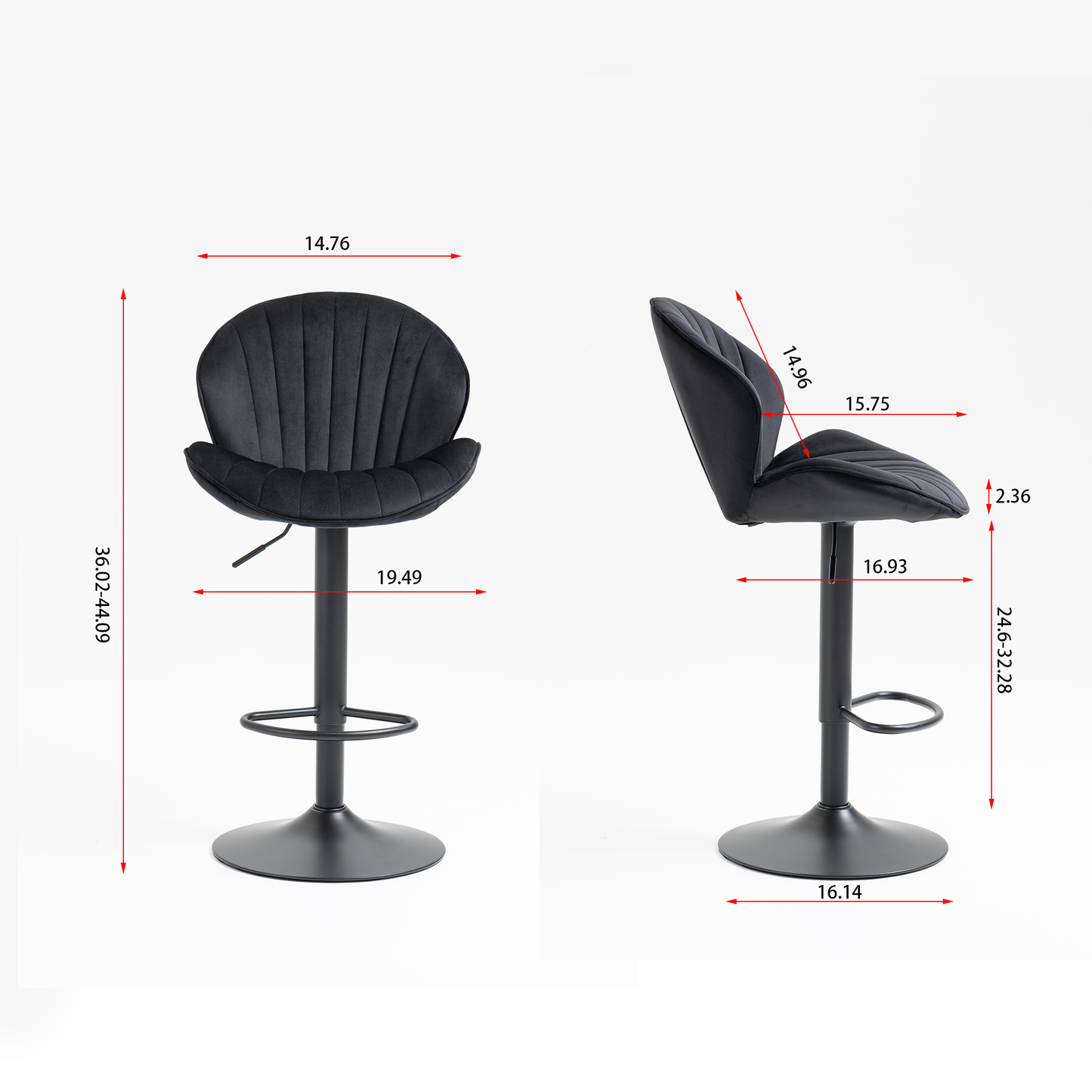 Black velvet bar stool with padded seat and backrest