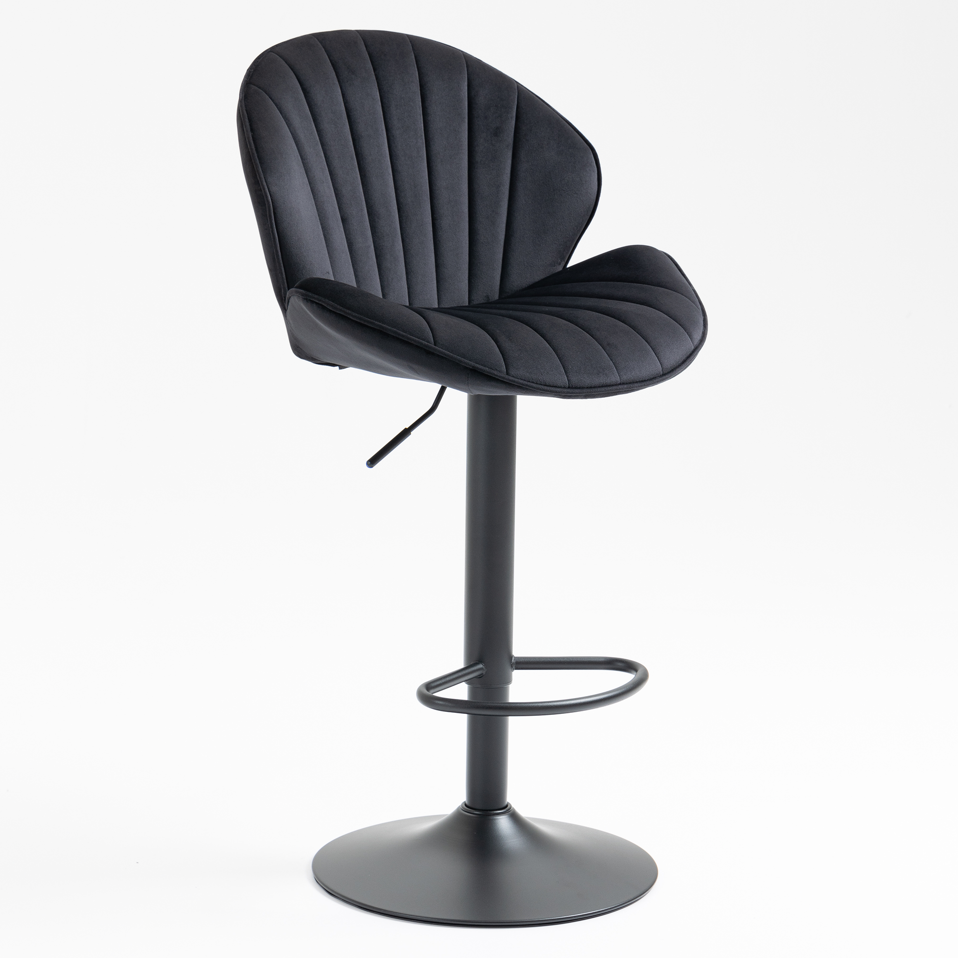 Black velvet tufted adjustable height bar stool with chrome footrest
