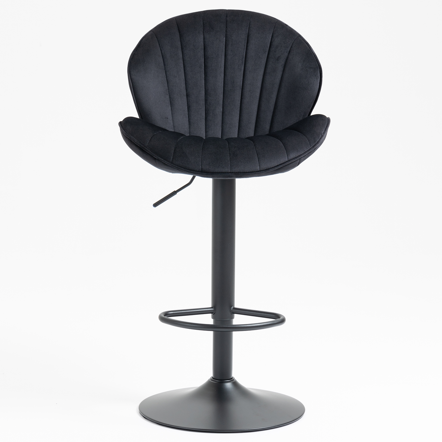 Black velvet tufted bar stool with adjustable height and chrome footrest