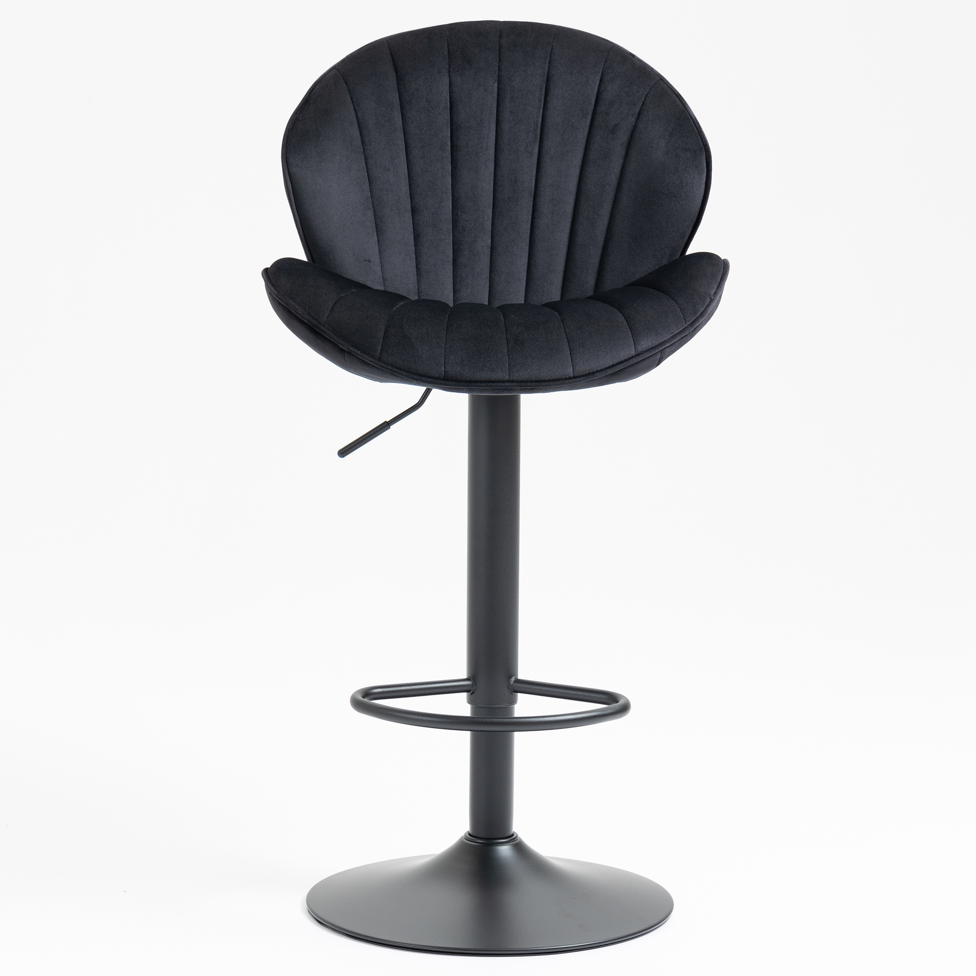 Black velvet tufted bar stool with adjustable height and chrome footrest