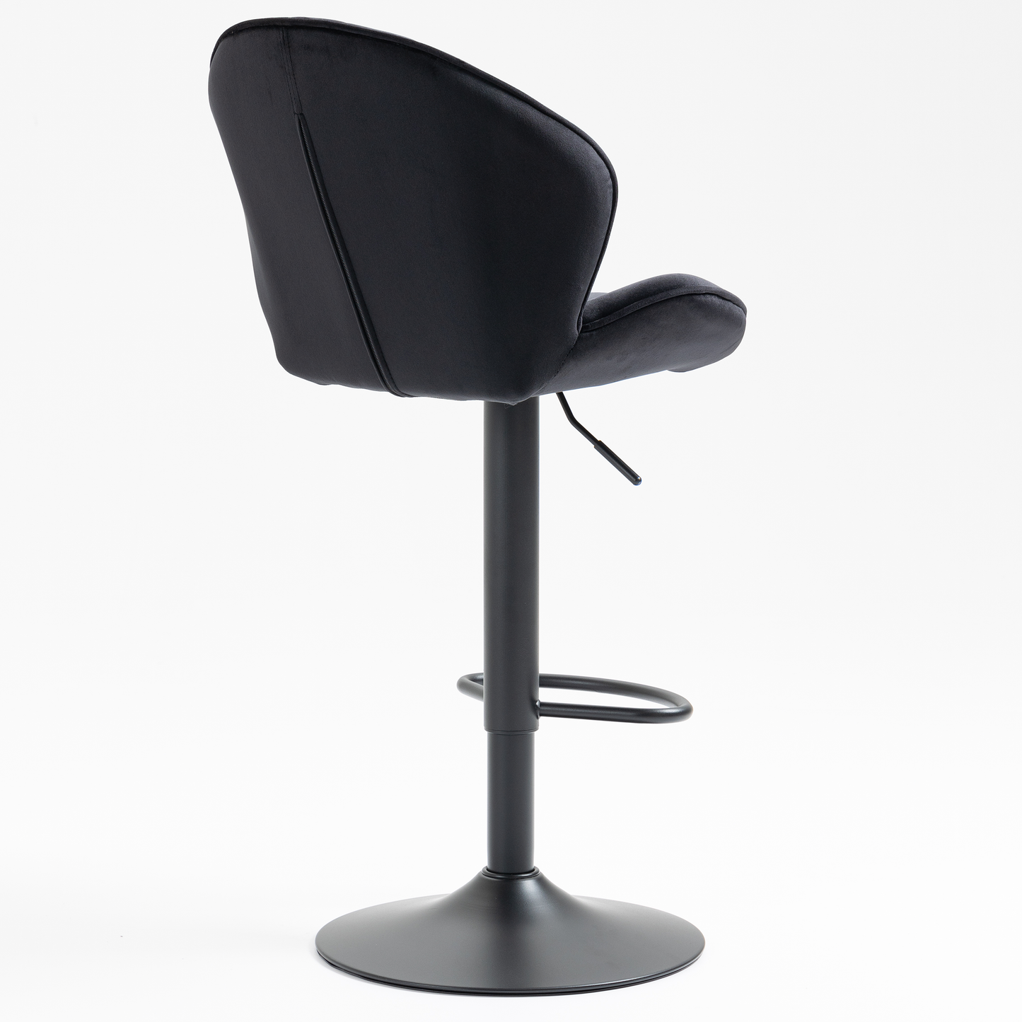 Black velvet adjustable height bar stool with a circular base