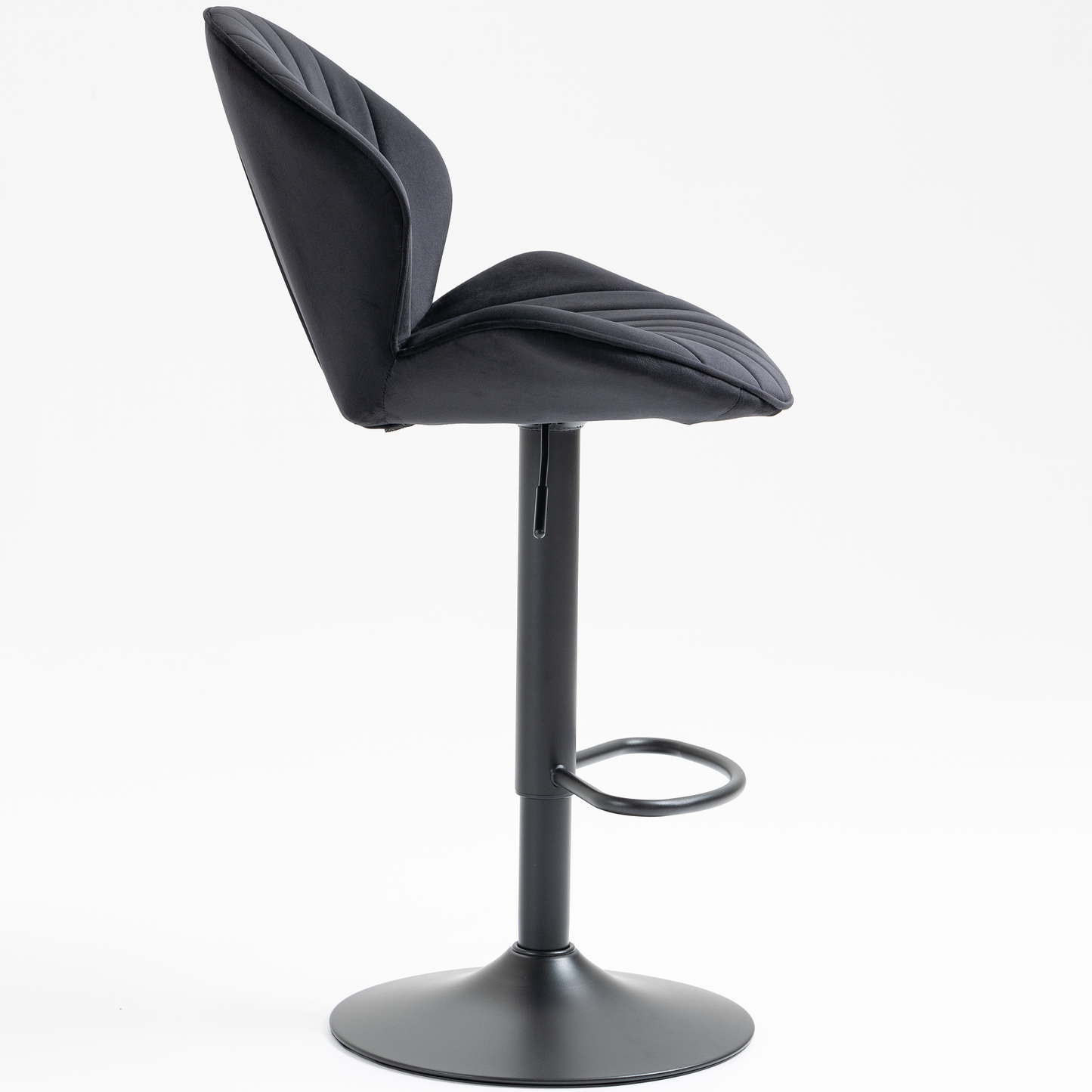 Black velvet bar stool with tufted seat and adjustable height