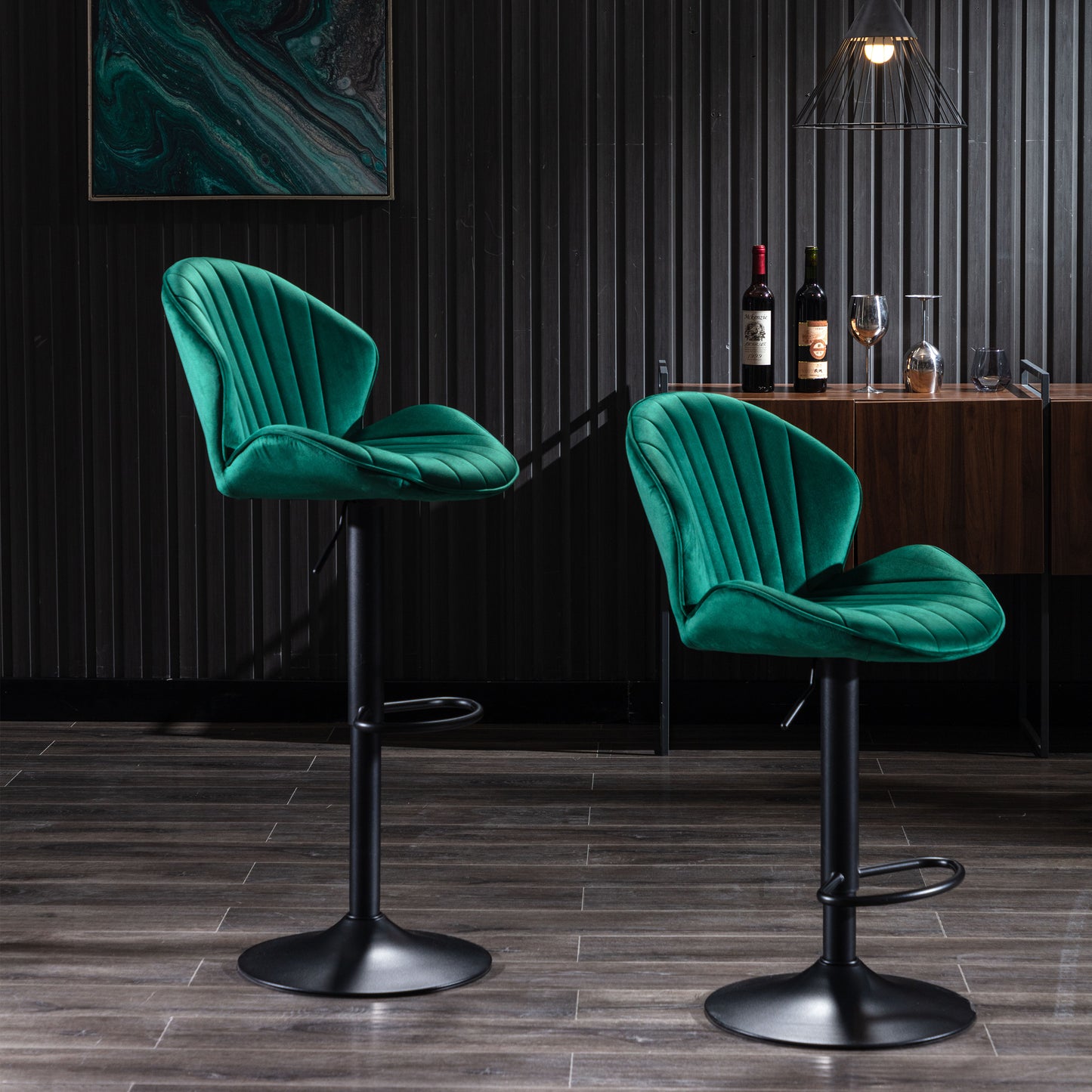Emerald green velvet bar stool with adjustable height and plush tufted seat